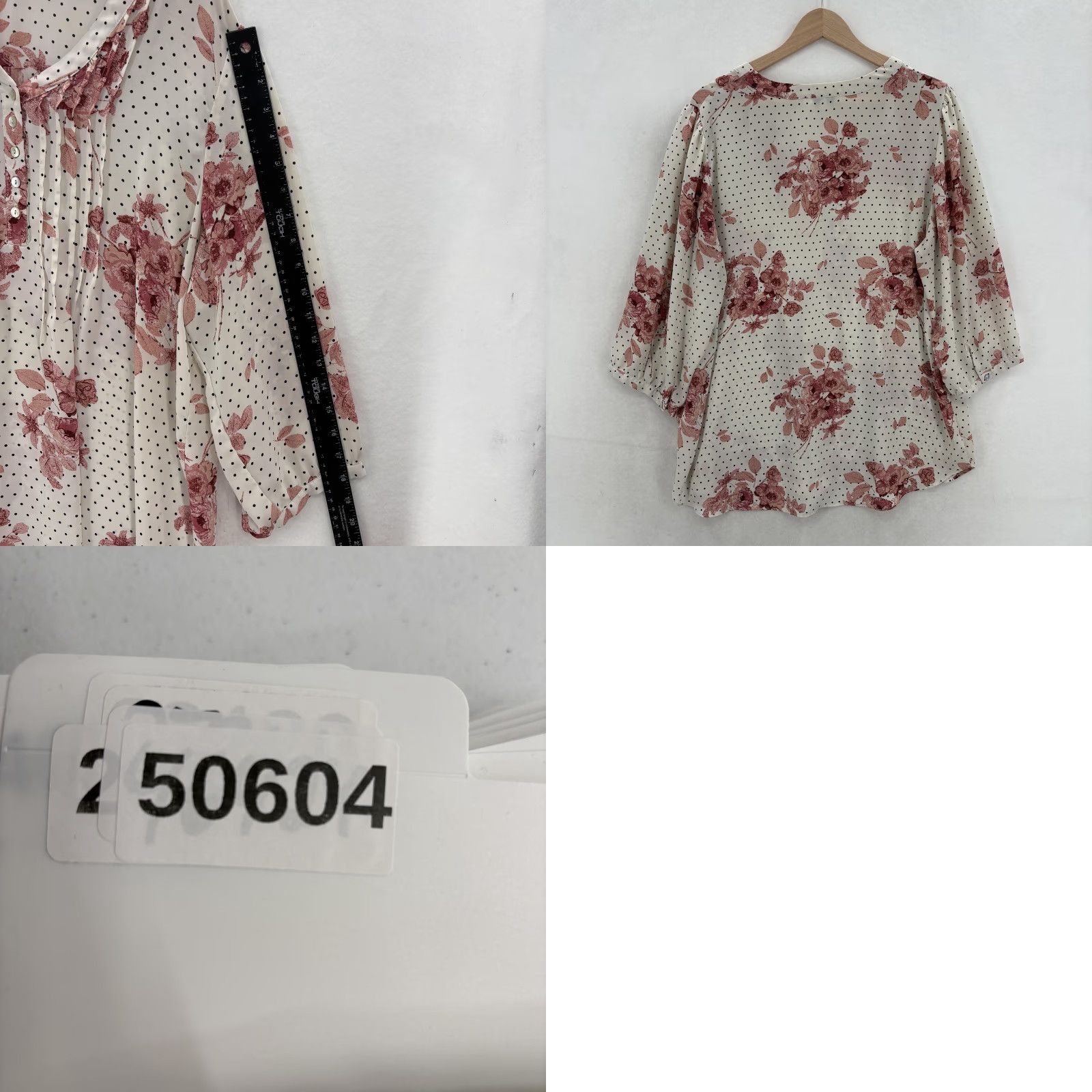 Vintage Rose + Olive Blouse Womens 1X Plus White Floral Dot V Neck 3/4 Sleeve Tunic Top Size XL / US 12-14 / IT 48-50 - 8 Thumbnail