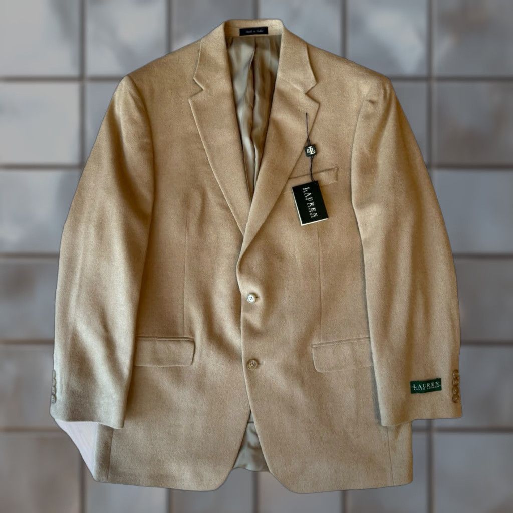 Ralph Lauren VINTAGE Lauren Ralph Lauren Blazer 42L Beige Camel Hair NWT Wool Lining Button Logo Zipper Mens Classic Mid-Length Overcoat, Beige, 42L, Blazer Size 42R - 1 Thumbnail
