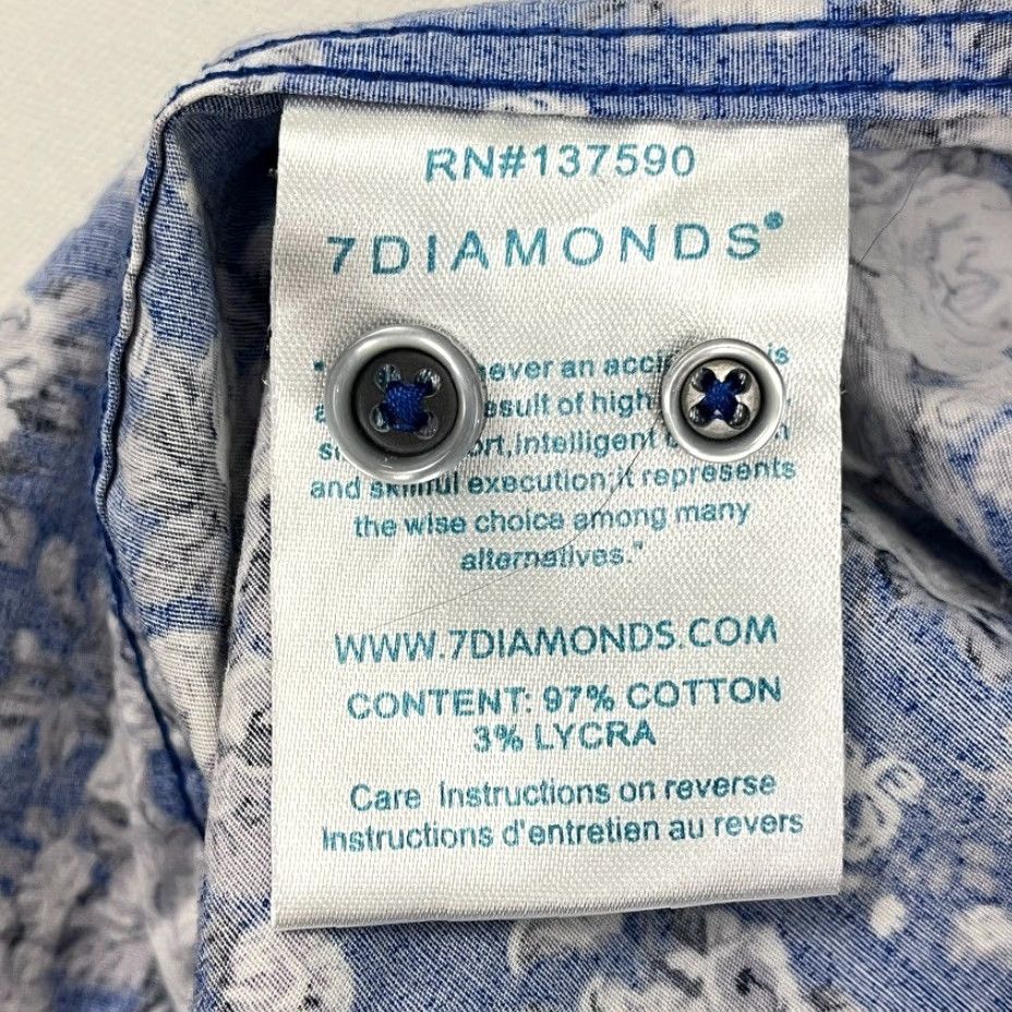 Vintage 7 Diamonds Shirt Mens M All Of Me Floral Blue White Button-Down Short Sleeve Stretch Regular Fit Size US M / EU 48-50 / 2 - 6 Thumbnail