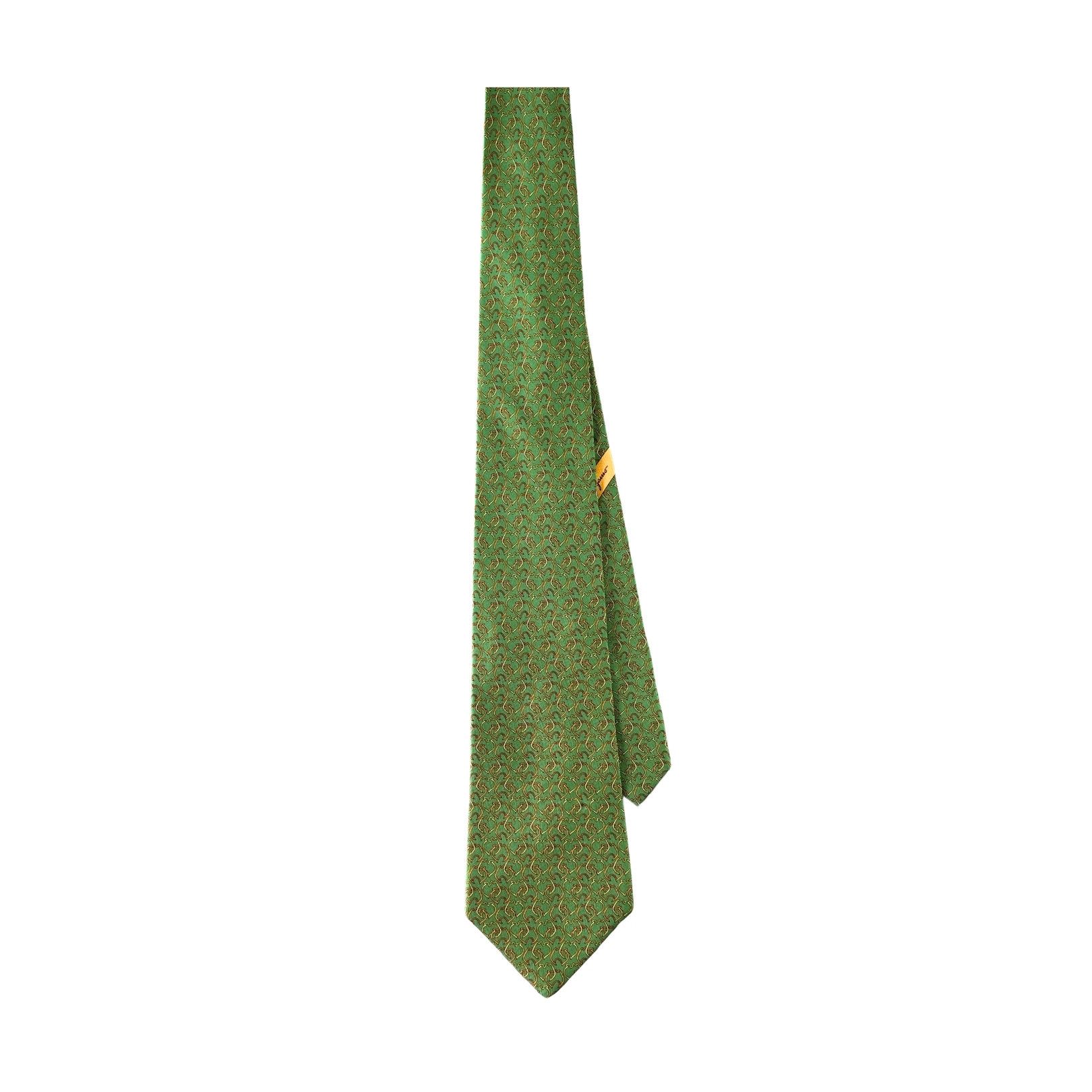 Salvatore Ferragamo Tie Silk Green with Gold Geometric Pattern Size ONE SIZE - 3 Thumbnail