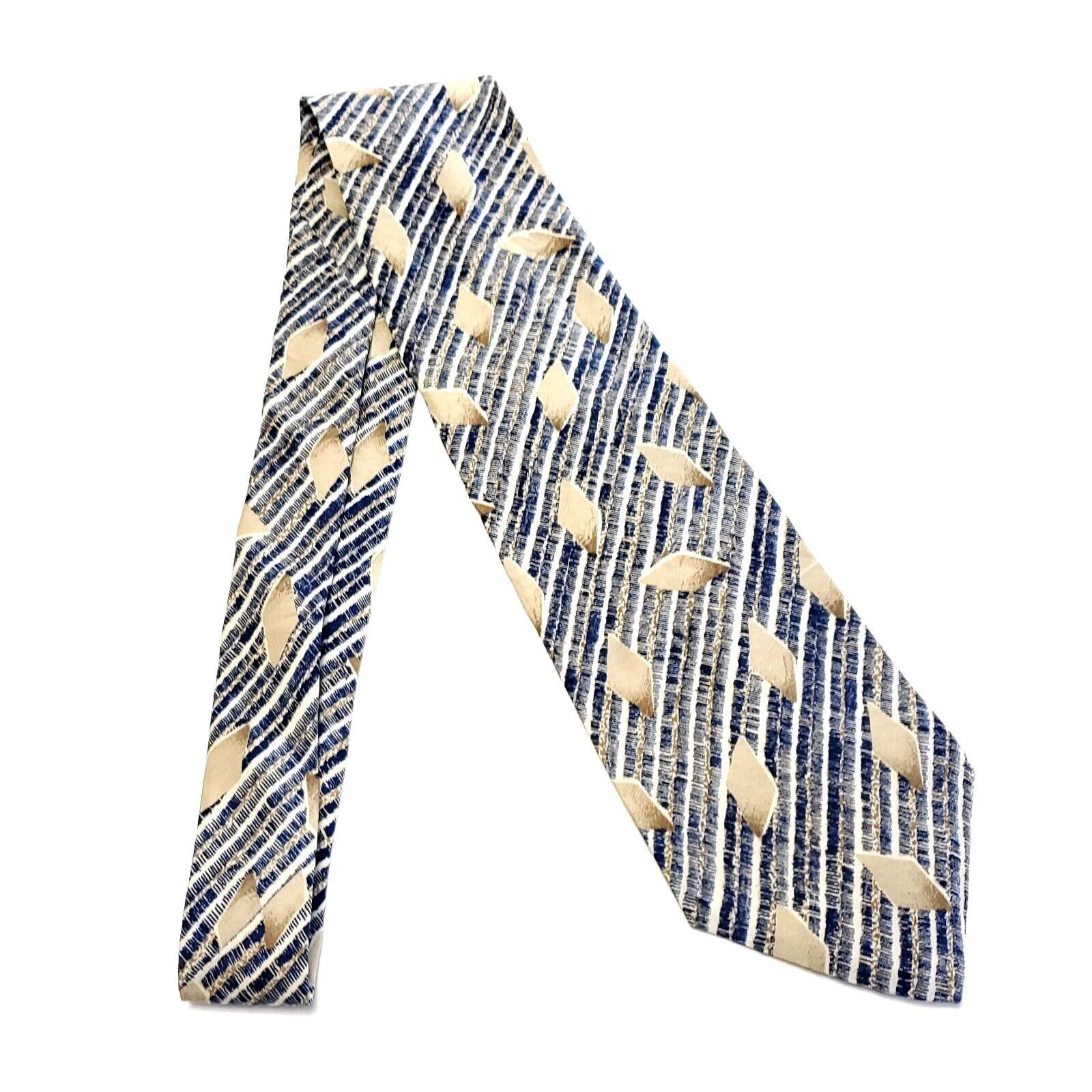 Designer Surrey Blue Tan Striped Abstract Print Short Wide Silk Tie Size ONE SIZE - 6 Thumbnail