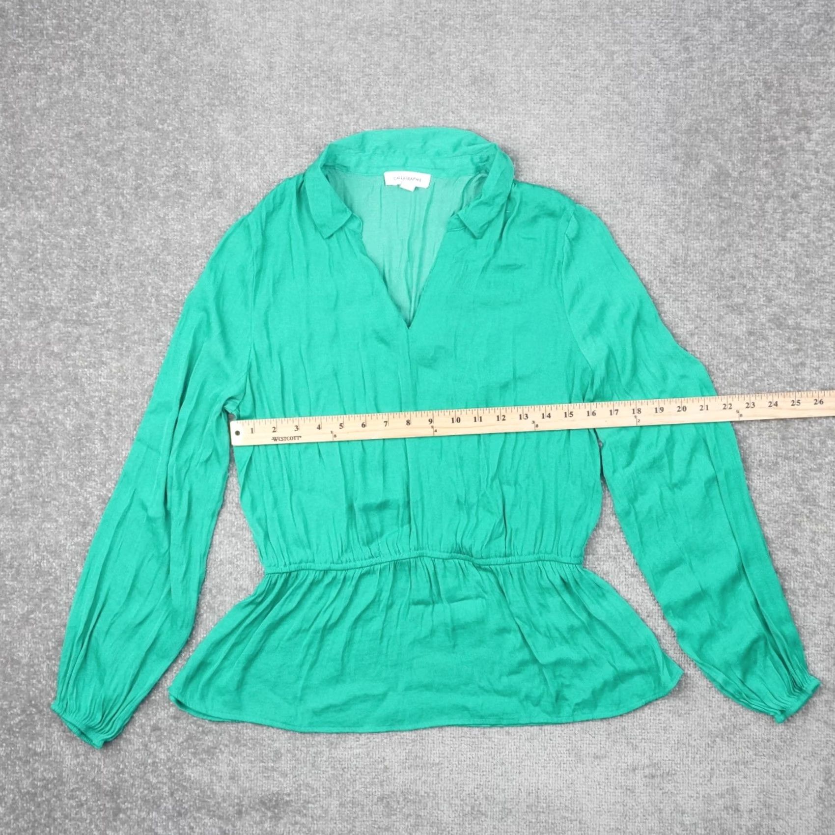 Vintage Calligraphie Blouse Womens Large Green Long Sleeve V Neck Flowy Tunic Size L / US 10 / IT 46 - 4 Thumbnail