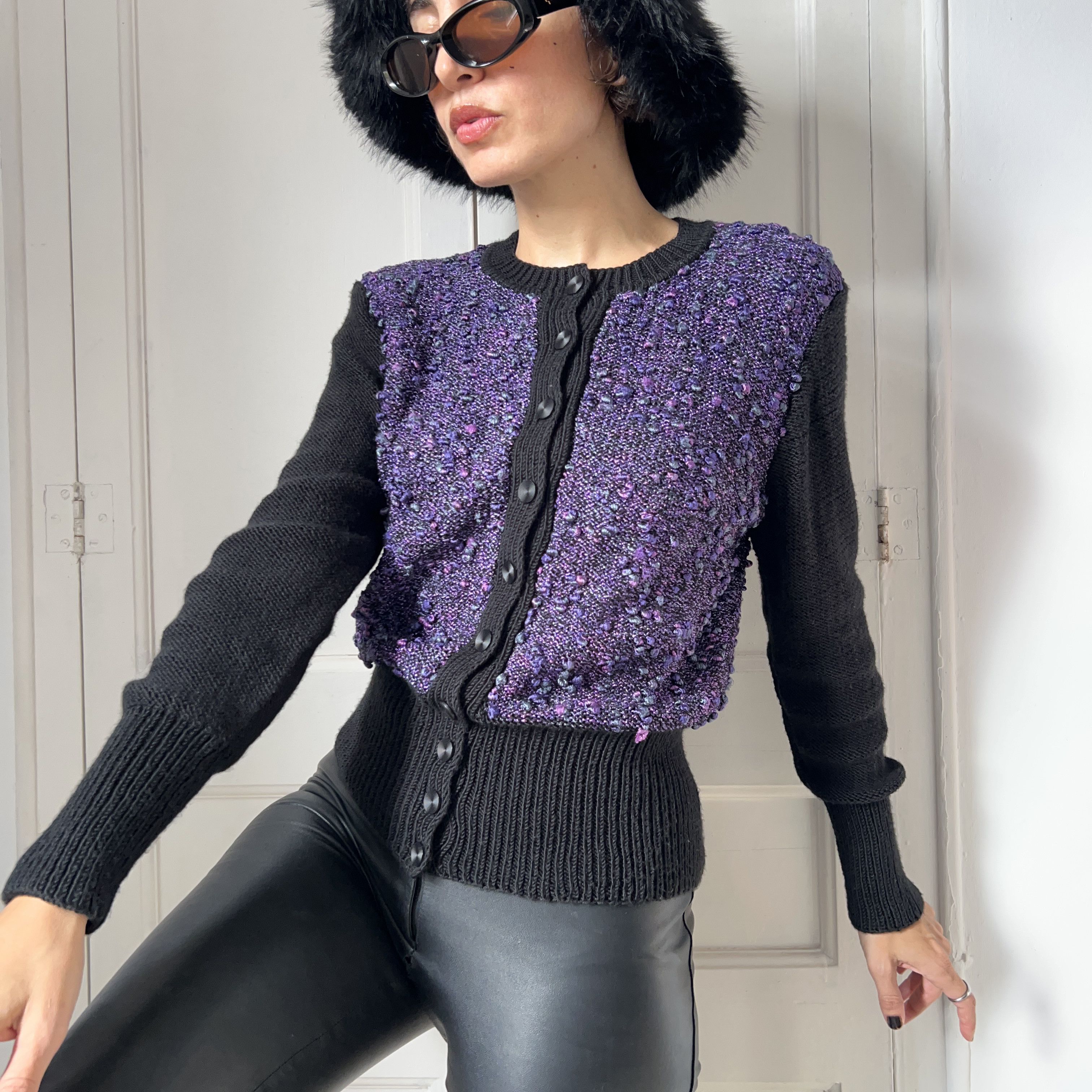 Vintage Vintage 90s Purple Bouclé Cardigan | Retro Tweed Knit Jacket Size M / US 6-8 / IT 42-44 - 7 Thumbnail