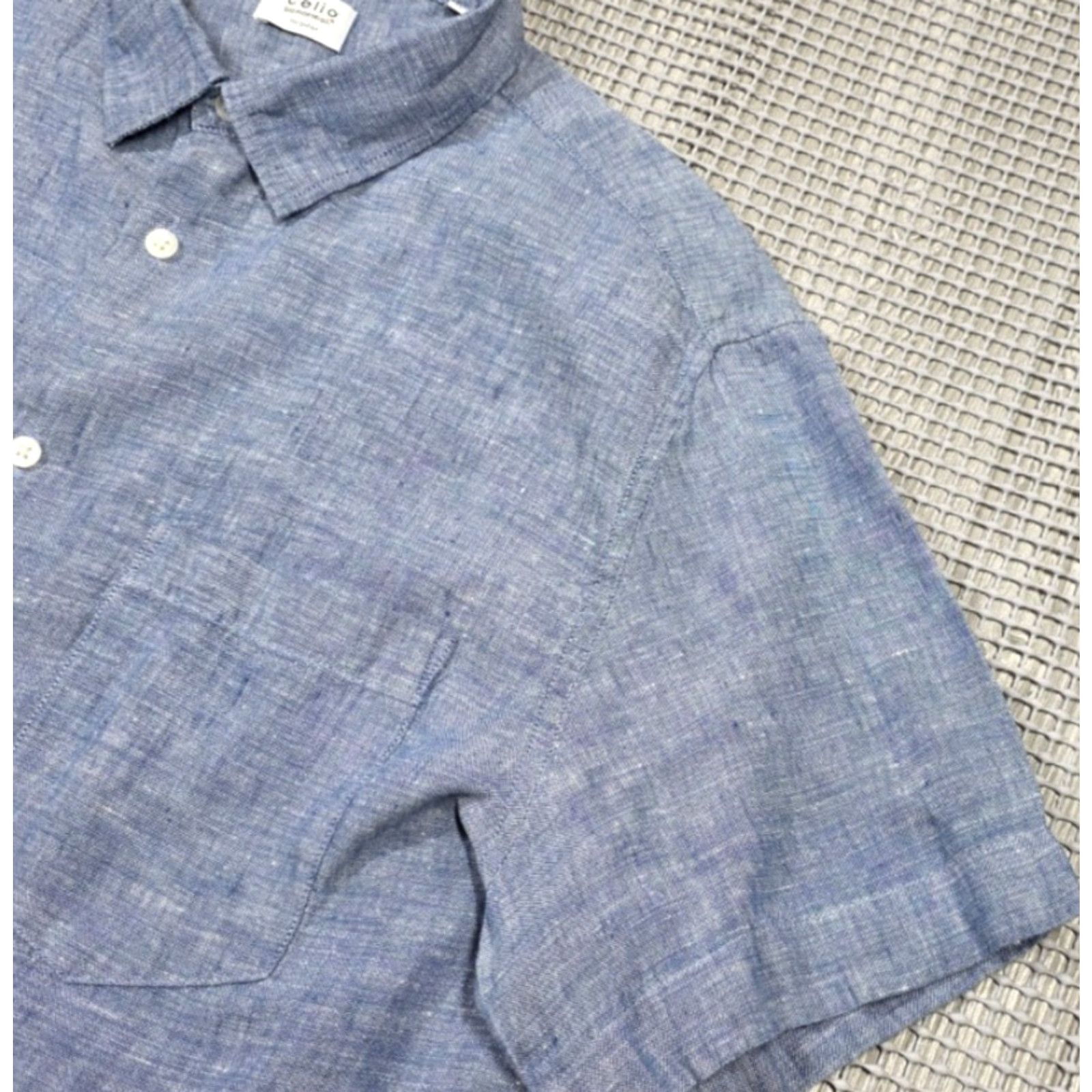 Celio CELIO Button-Up Shirt Mens Linen Blue Short Sleeve 16.5 Collar-Down Vintage? No Size US XL / EU 56 / 4 - 4 Thumbnail