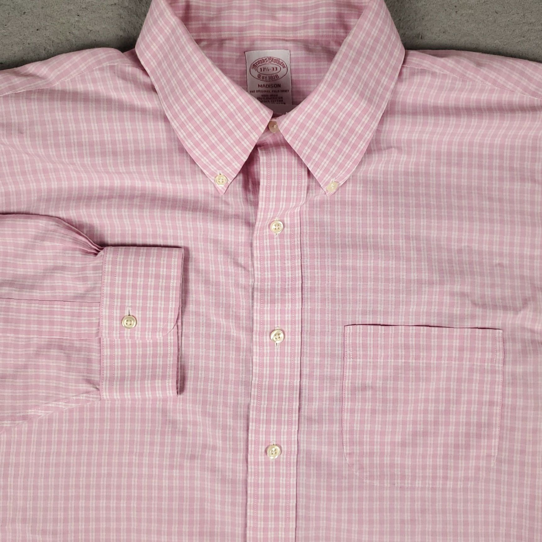 Brooks Brothers Brooks Brothers Shirt Mens 17.5 Pink Plaid Madison Dress Button Up Long Sleeve Shirt Mens Regular 100% Cotton Non-Iron Tailored? Size 48R - 2 Thumbnail