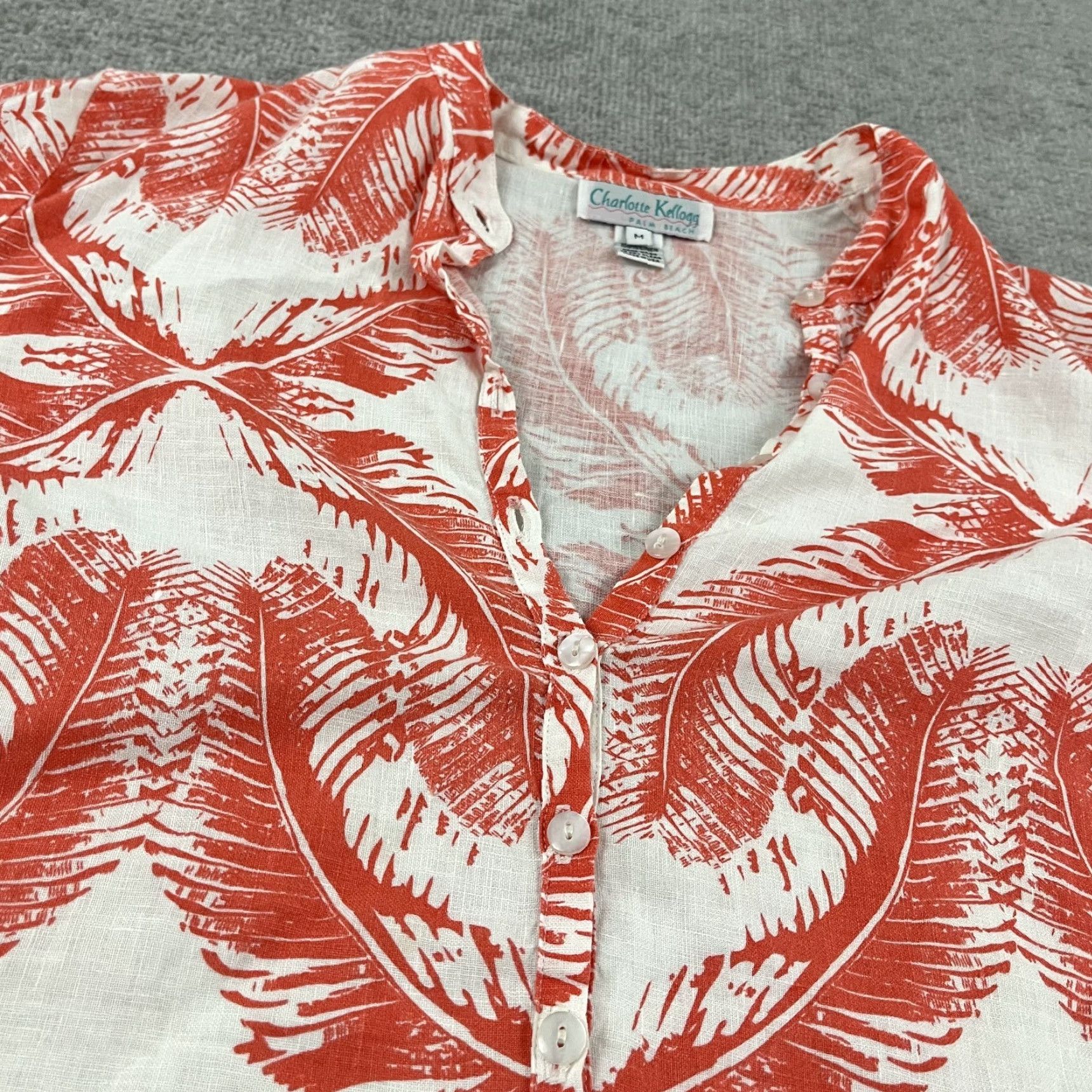 Vintage CHARLOTTE KELLOGG Shirt Womens Medium Linen White Orangish Red Floral Tunic Top Size M / US 6-8 / IT 42-44 - 7 Thumbnail