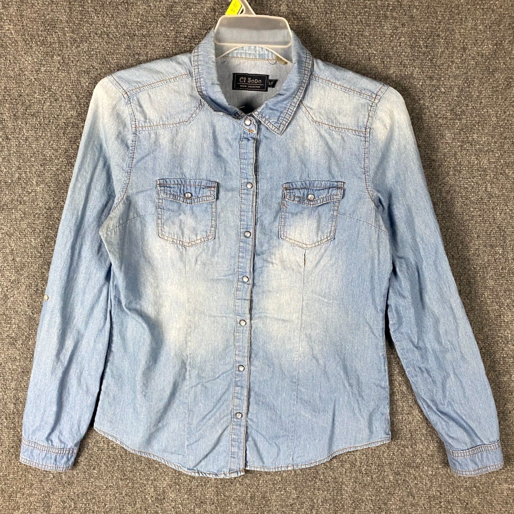 Vintage CI SONO Pearl Snap Top Women's Large Long Sleeve Blue 100% Cotton Adults L Size L / US 10 / IT 46 - 2 Thumbnail