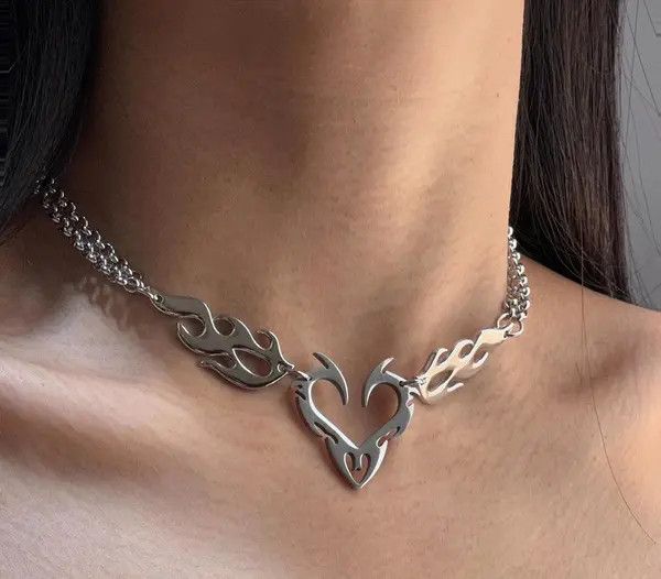 Jewelry Silver Flame Heart Choker Necklace, Edgy Chain Jewelry Size ONE SIZE - 7 Thumbnail