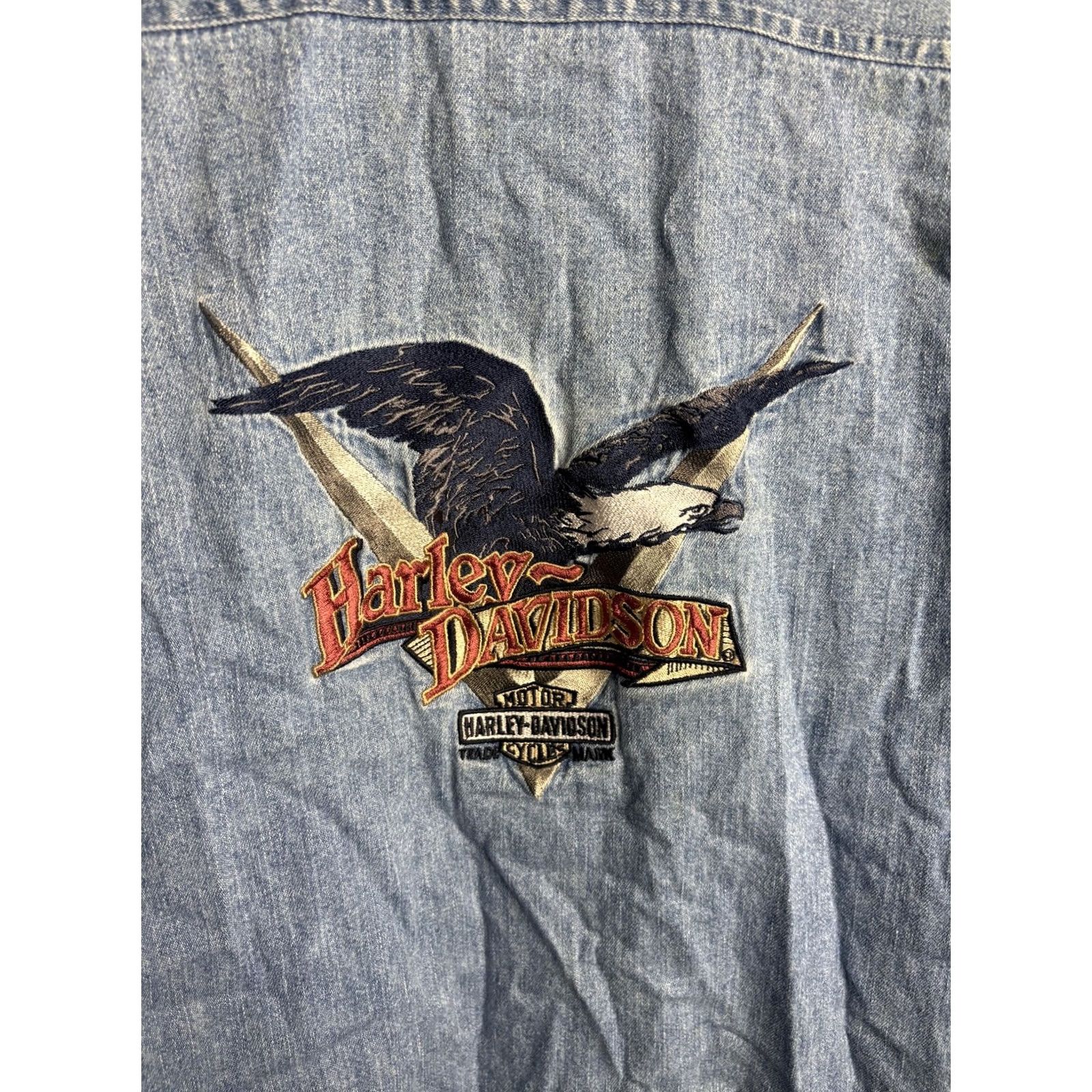 Harley Davidson VINTAGE Harley-Davidson Denim Shirt Mens Small Blue Eagle Embroidered Biker Shirt Size US S / EU 44-46 / 1 - 2 Thumbnail