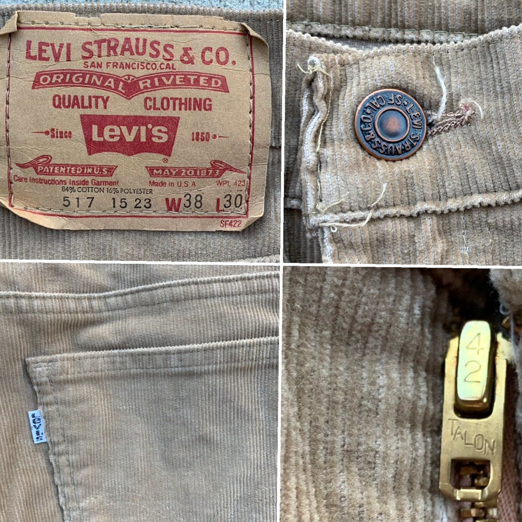 Levi's Vintage Levi’s 517 Corduroy Pants W 38 L 30 Beige Corduroy Flat Front 5 Pocket United States Mens Size US 35 - 5 Thumbnail