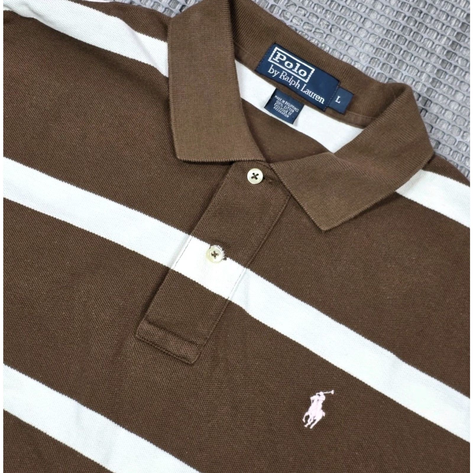 VINTAGE Polo Ralph Lauren Shirt L Brown White Short Sleeve Pique Polo Ralph Lauren Polo Shirt L Brown White Short Sleeve Pique Pink Pony 90s USA Mens