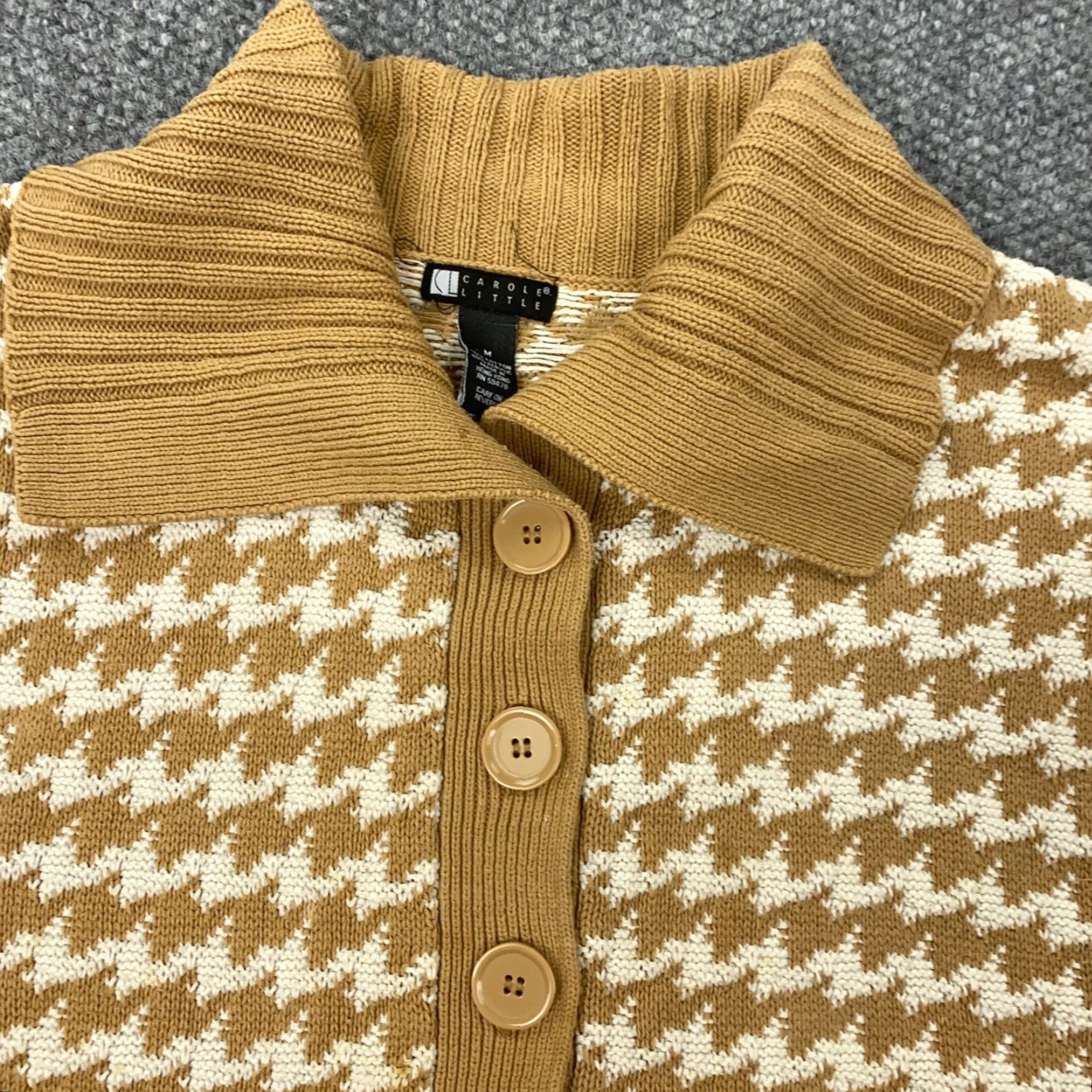 Vintage Carole Little Women's Sweater M Brown/White Houndstooth Button Knit Short Sleeve Geometric Cardigan Size M / US 6-8 / IT 42-44 - 2 Thumbnail