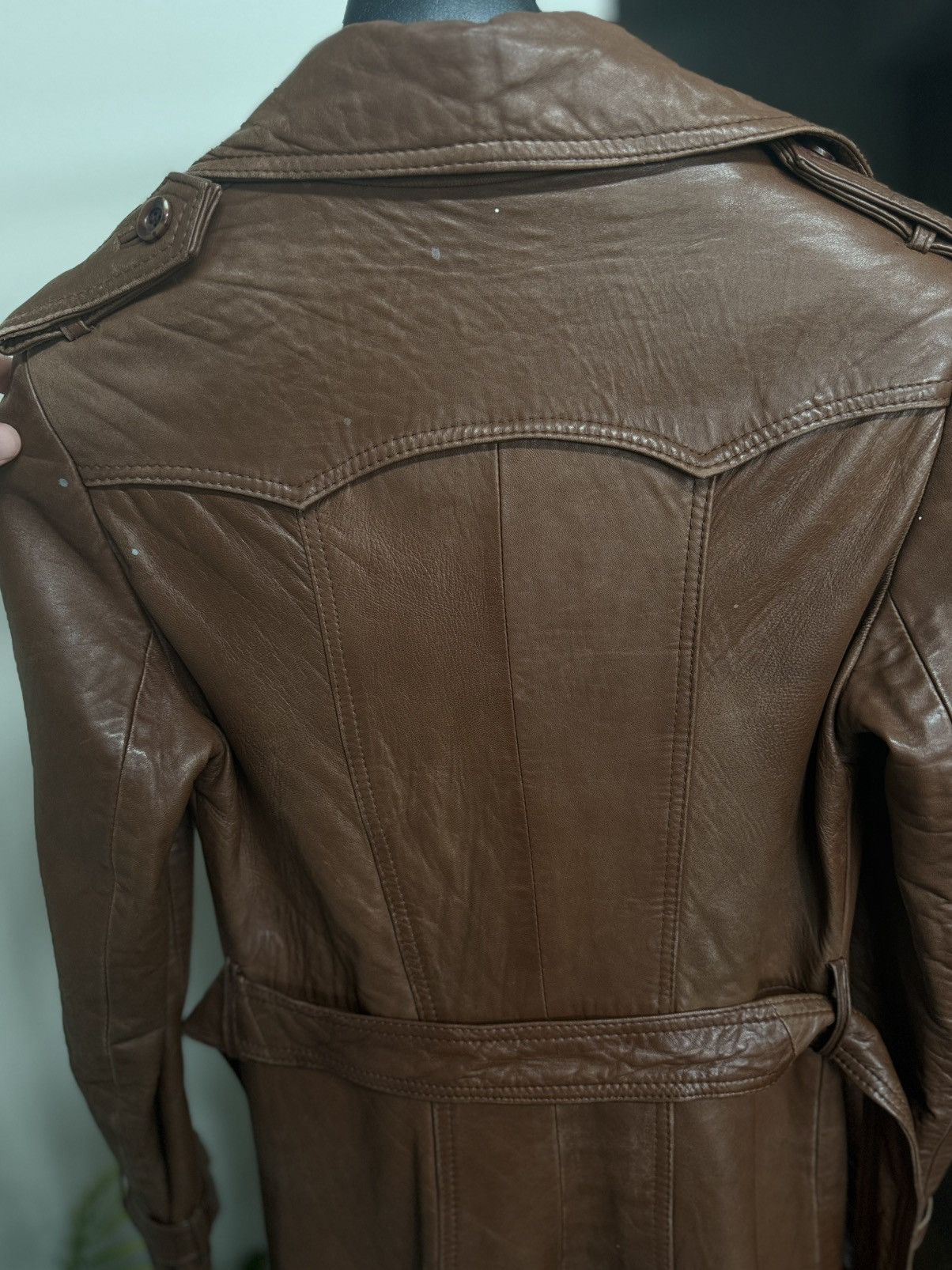 Other 80s Brown Leather Trench Coat Full Belt Wrist Buckles Size S / US 4 / IT 40 - 20 Thumbnail