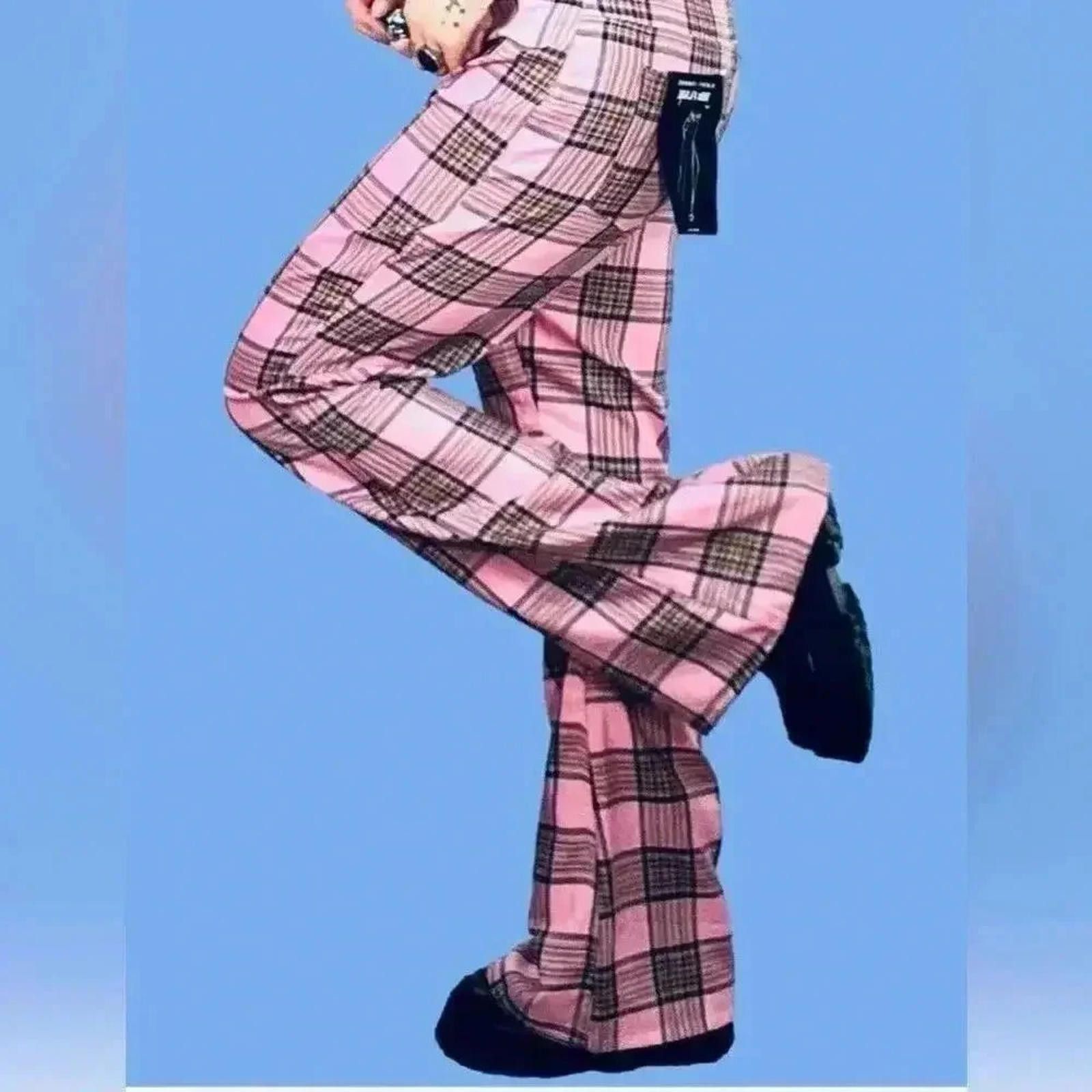 Designer Vintage Pink Plaid Flare Pants - Bohemian Chic Size 25" / US 0 / IT 36 - 3 Thumbnail