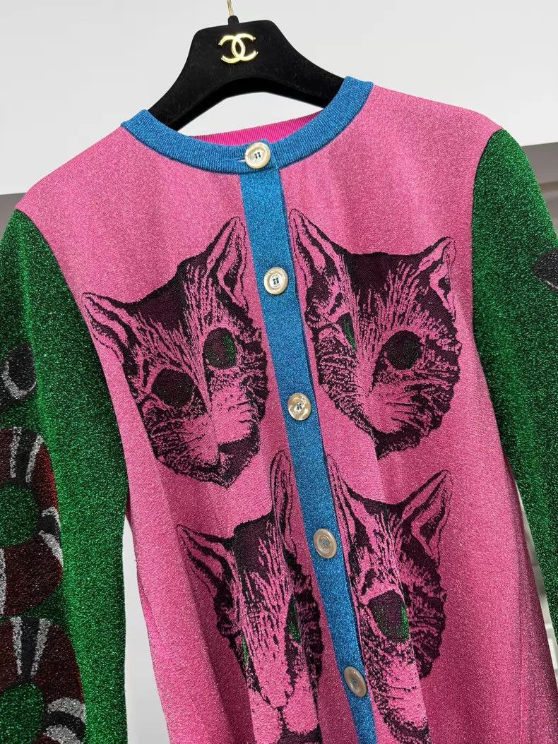 Gucci Gucci Pink and green bright line cat head knitted cardigan Size M / US 6-8 / IT 42-44 - 2 Thumbnail