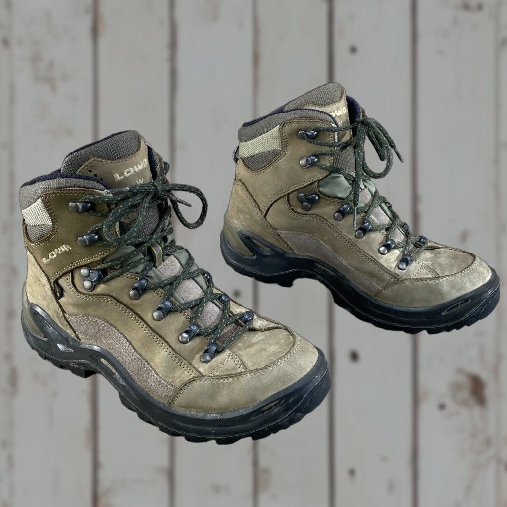 LOWA Lowa Womens 8.5 Leather Boots Renegade Mid Wide Gore-Tex GTX Hiking Vibram Stone Tan Brown Boots Womens 8.5 Gore Tex Vibram Renegade GTX Hiking Boot Size US 7 / IT 37 - 1 Thumbnail