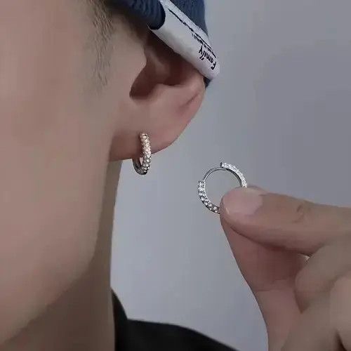 Chrome Abstract Meteorite Hoop Earrings Gothic Punk Jewelry in Silver, Men's