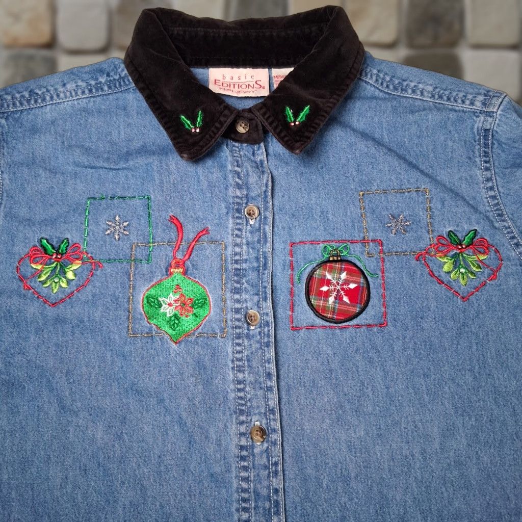 Basic Editions VINTAGE Basic Editions Christmas Shirt Denim Chambray Button-Up Women M Blue Christmas Ornaments Embroidered Velvet Collar 90s Holiday Shirt Womens M Size M / US 6-8 / IT 42-44 - 1 Thumbnail
