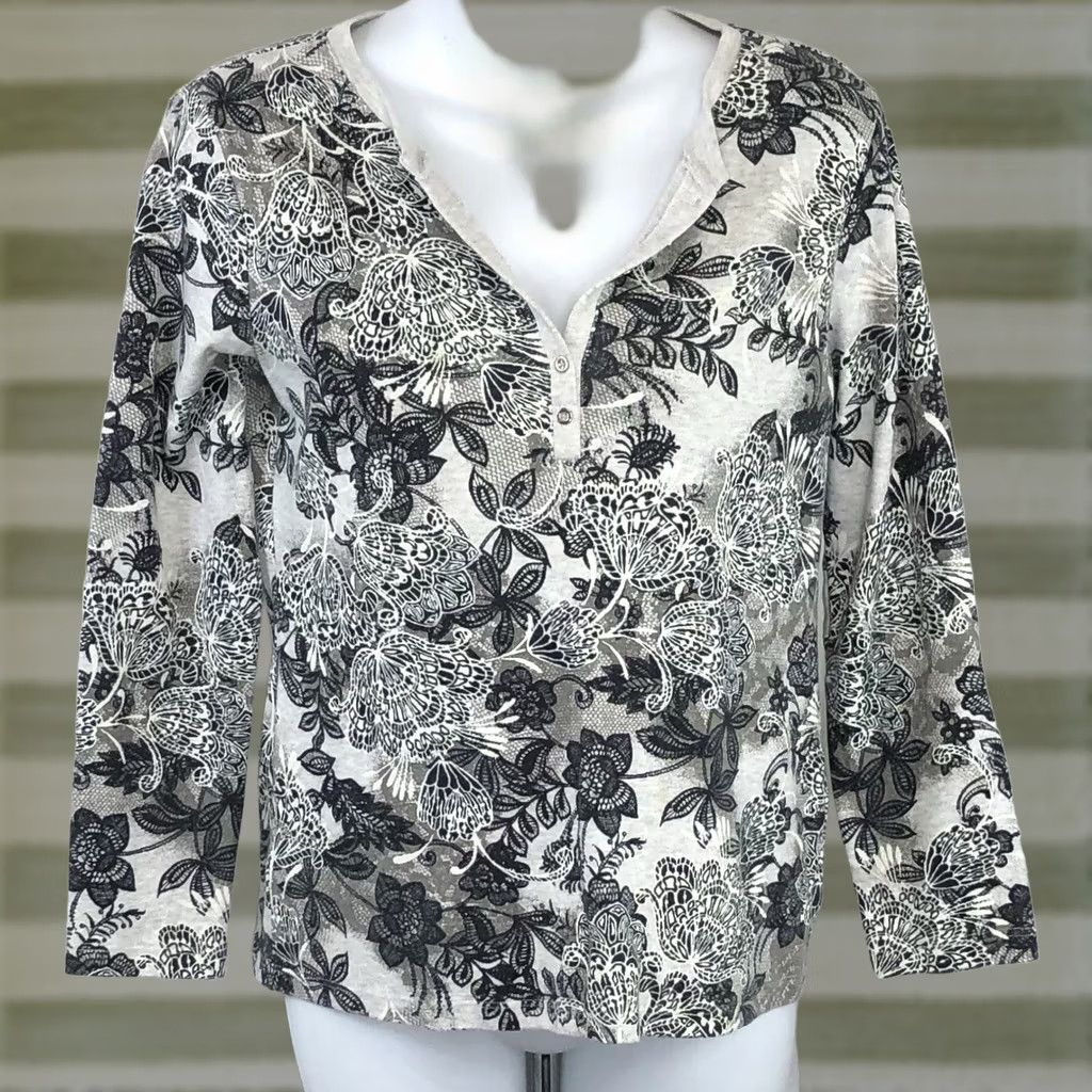 Vintage Karen Scott Top Floral Long Sleeve Cotton Blouse MP Gray Bohemian Office Casual Womens Size M / US 6-8 / IT 42-44 - 1 Thumbnail