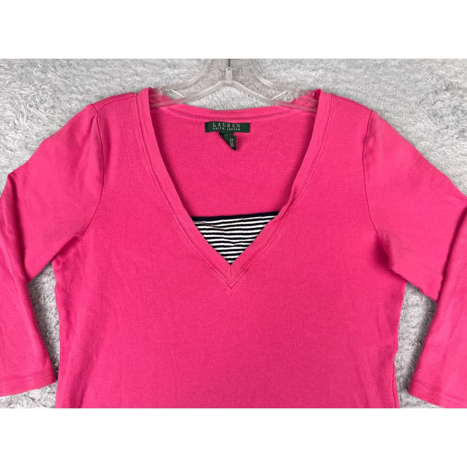 Ralph Lauren VINTAGE Lauren Ralph Lauren Shirt Women M Pink Stripe V-Neck 3/4 Sleeve Cotton City Logo Striped Casual Mens Womens Shirts Size M / US 6-8 / IT 42-44 - 4 Thumbnail