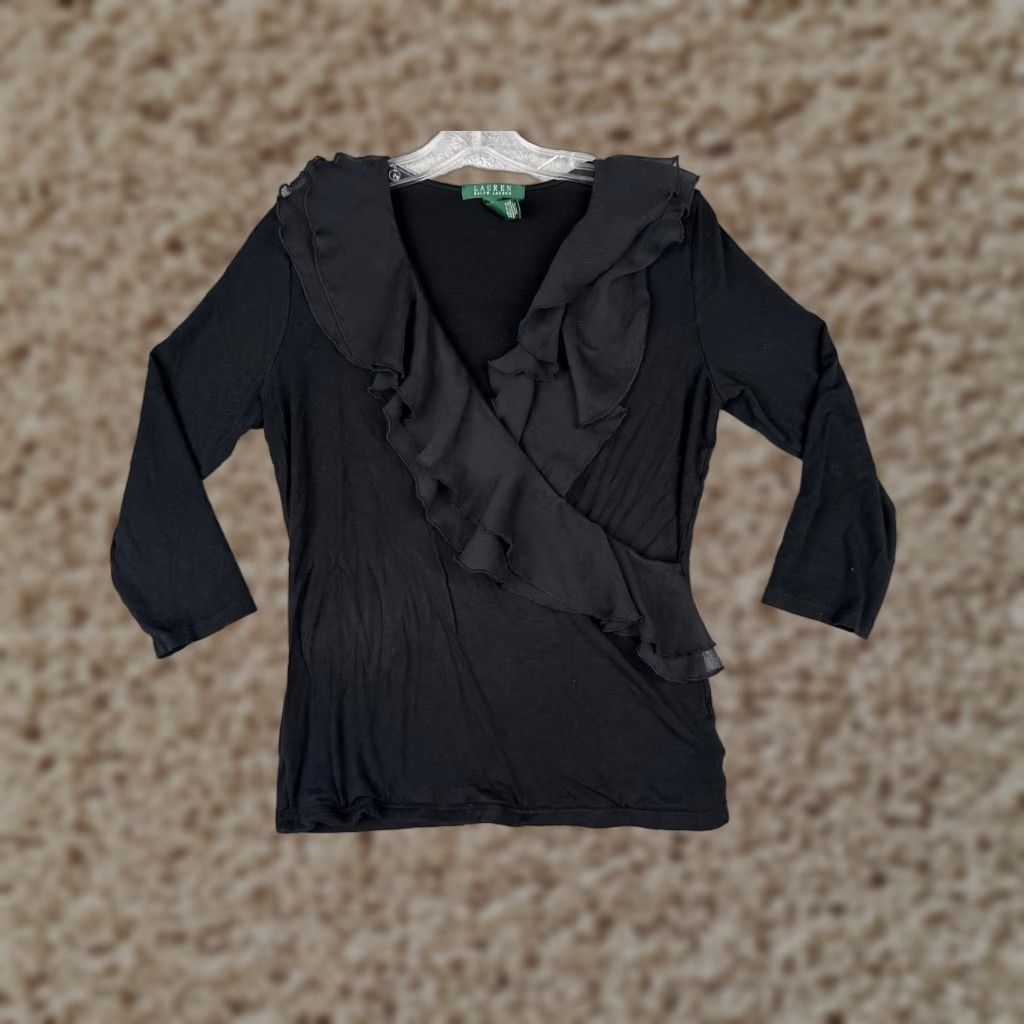 Ralph Lauren VINTAGE Ralph Lauren Women's Blouse Shirt Casual 3/4 Sleeve V-Neck Black Medium Jersey Ruffle All Seasons Size M / US 6-8 / IT 42-44 - 1 Thumbnail