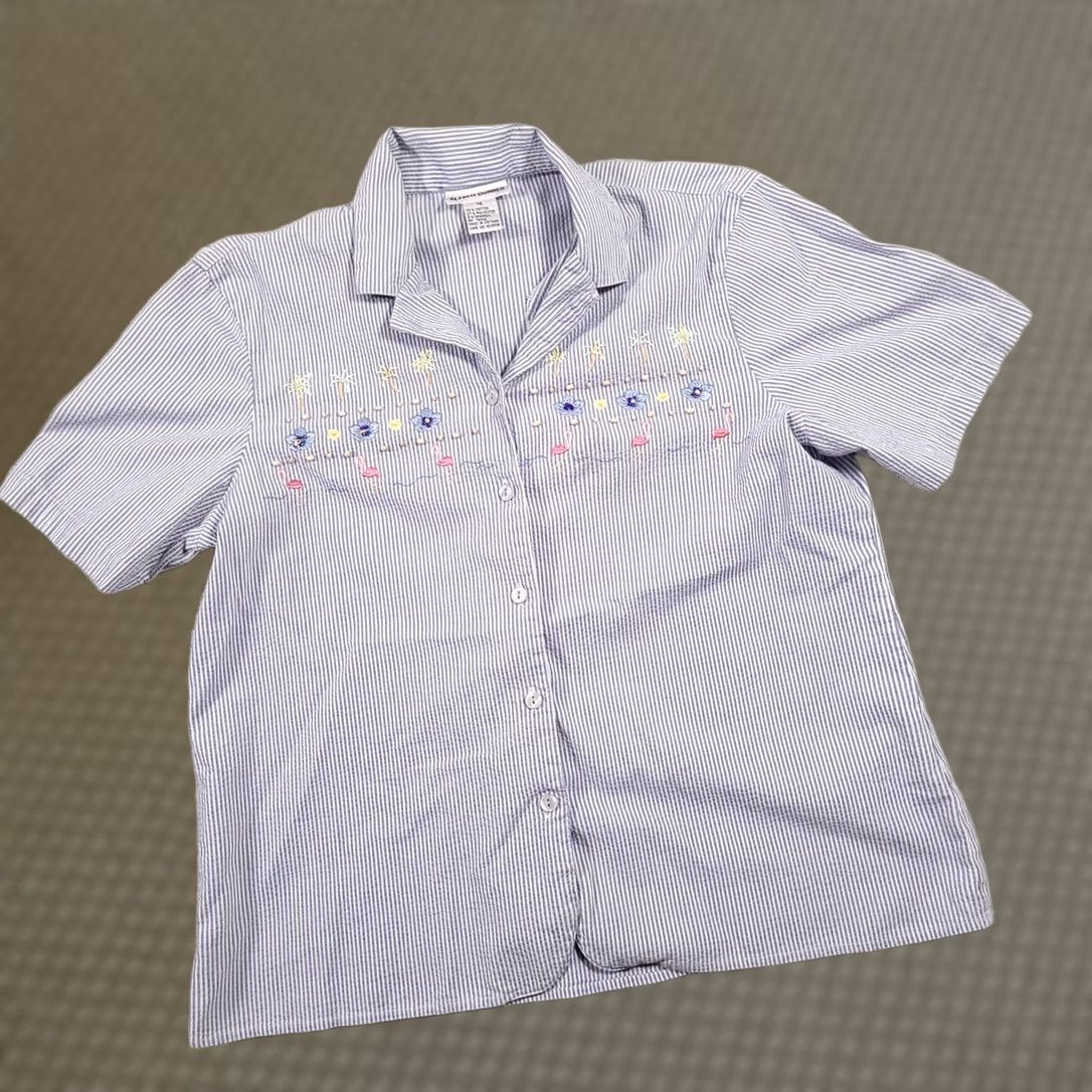 Vintage VINTAGE Alfred Dunner Shirt Short Sleeve Button Up Women's 14 Blue Stripe Beaded Beach Size XL / US 12-14 / IT 48-50 - 1 Thumbnail