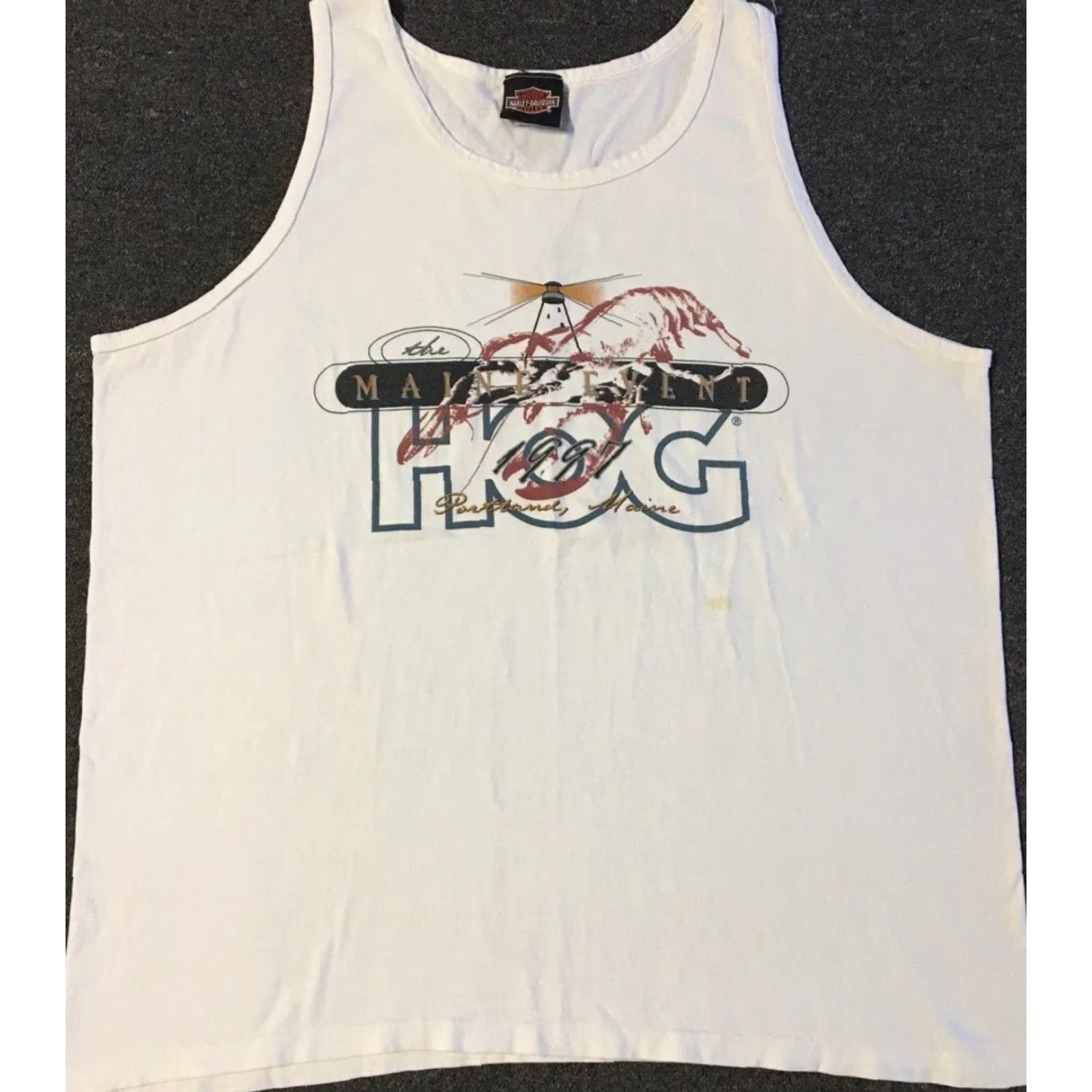 Harley Davidson VINTAGE Harley Davidson T-Shirt 2XL White Slim Tailored Tank Top Men 90s Grunge Biker USA Portland Maine Event Rhode Island? Size US XXL / EU 58 / 5 - 2 Thumbnail