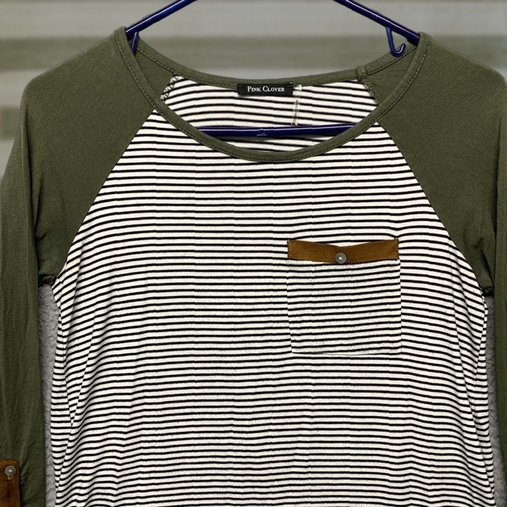 Vintage Pink Clover 3/4 Sleeve Pullover Womens Solid Green w/White & Black Stripes XS Shirt Size XS / US 0-2 / IT 36-38 - 1 Thumbnail