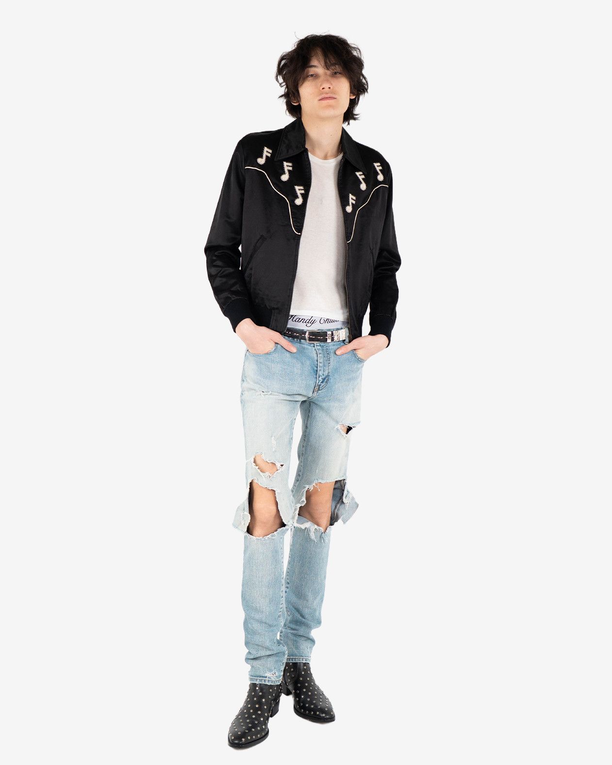 Saint Laurent Paris Black Music Note Satin Jacket (FW16) Size US S / EU 44-46 / 1 - 7 Thumbnail