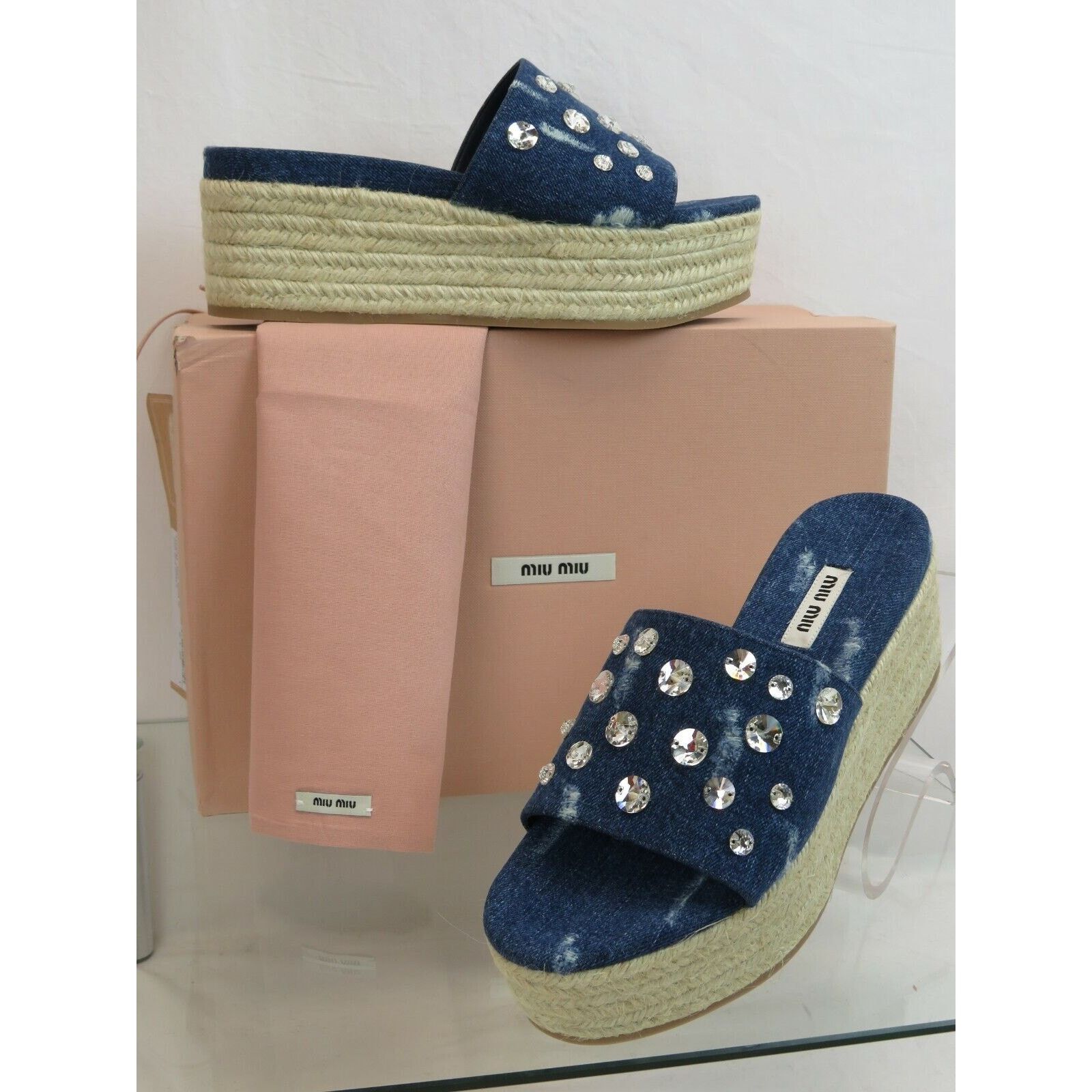 Miu Miu MIU MIU 5XX383 BLUE DENIM CRYSTALS PLATFORM ESPADRILLES 40 Size US 10 / IT 40 - 1 Thumbnail