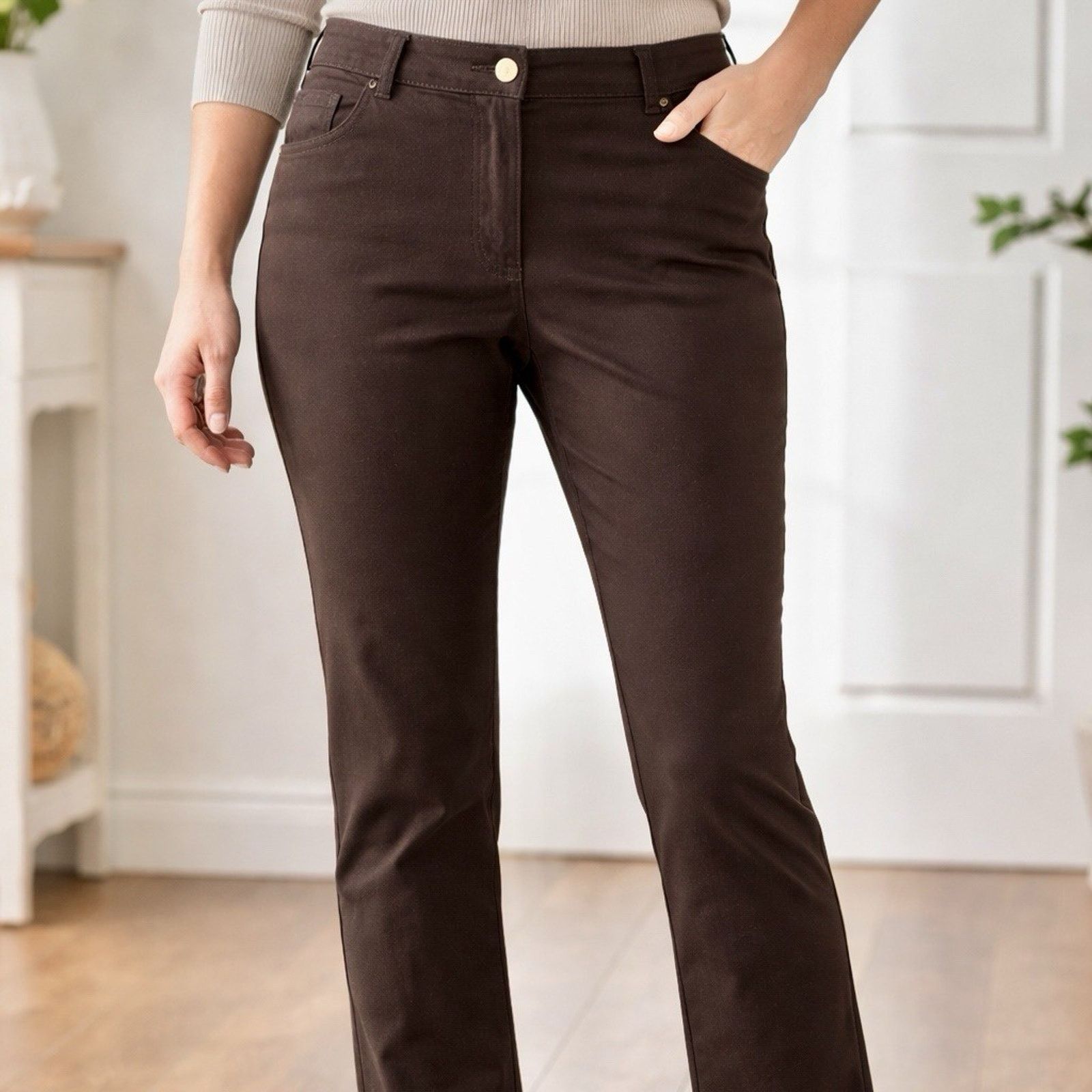 & Other Stories Womans 16 Petite White Stag Brown Straight Leg Pants Stretch Size 36" / US 14 / IT 50 - 1 Thumbnail