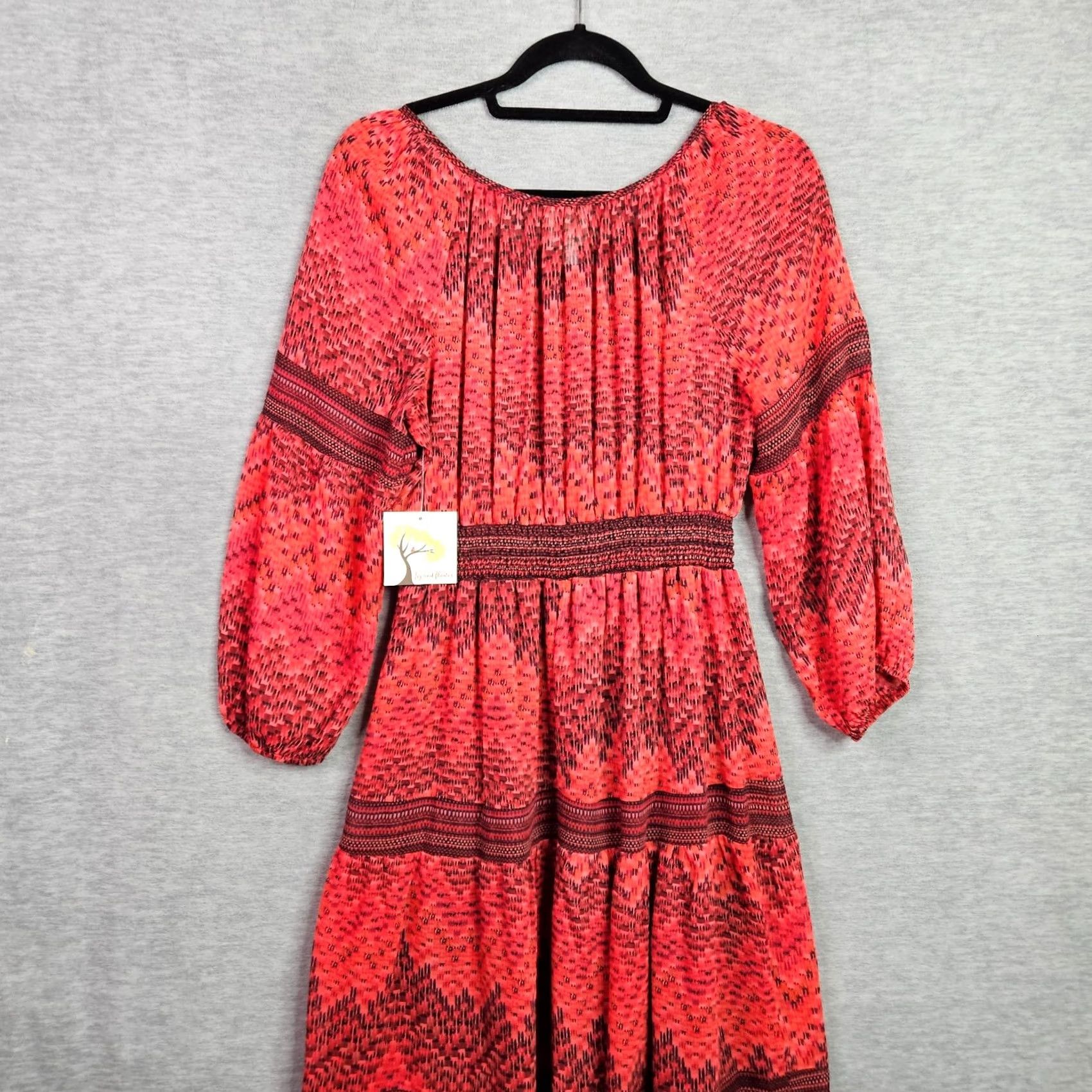 Vintage Fig & Flower Red Boho Midi Dress Long Sleeve Women M New Smocked Waist Dress Midi Bohemian Solid Red Women M New Size M / US 6-8 / IT 42-44 - 3 Thumbnail