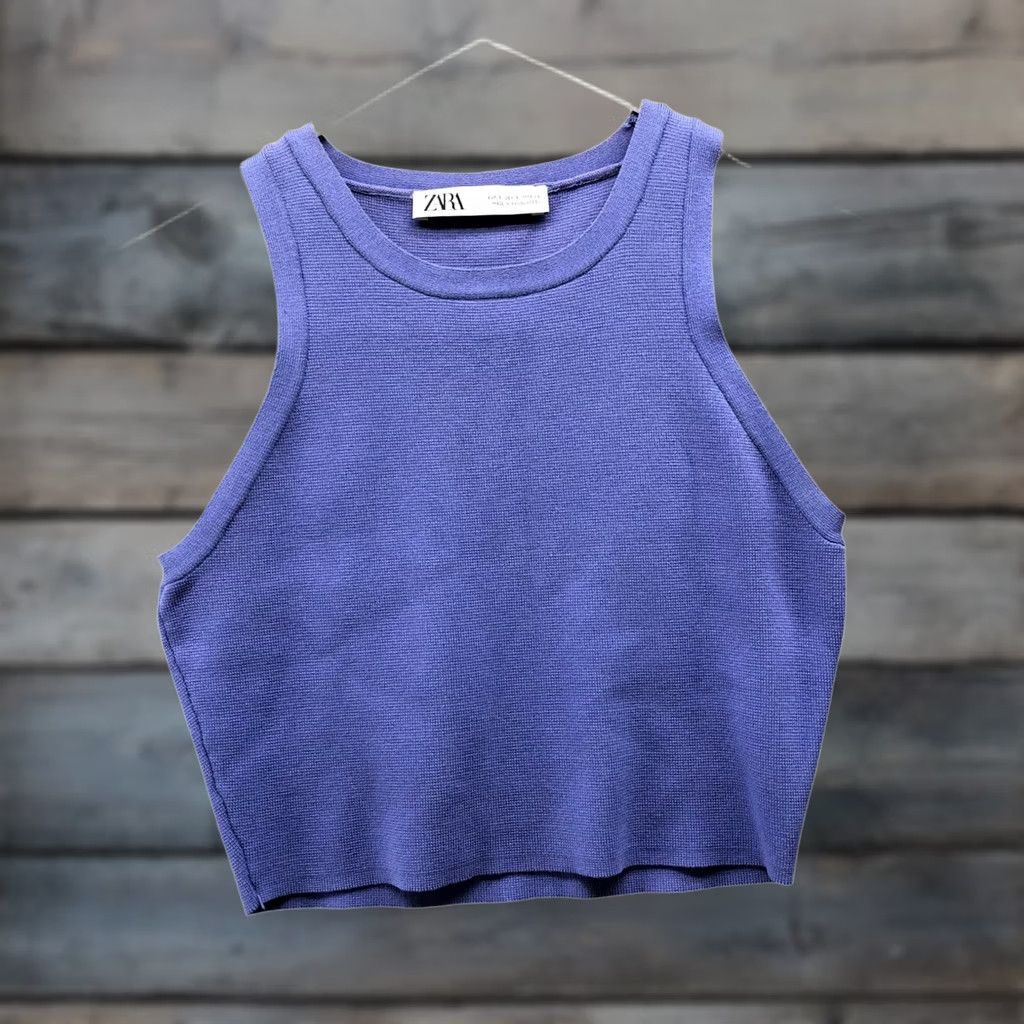 Zara Zara Cropped Knit Tank Top Womens S Blue Sleeveless Crewneck Fitted High Neck Pullover Style: Cropped Knit Tank​ Size S / US 4 / IT 40 - 1 Thumbnail