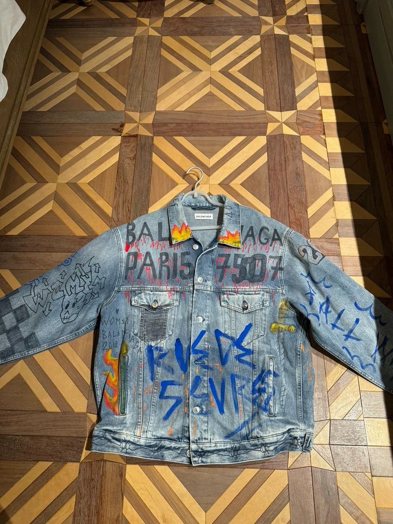 Balenciaga Balenciaga oversized plaid graffiti casual denim jacket