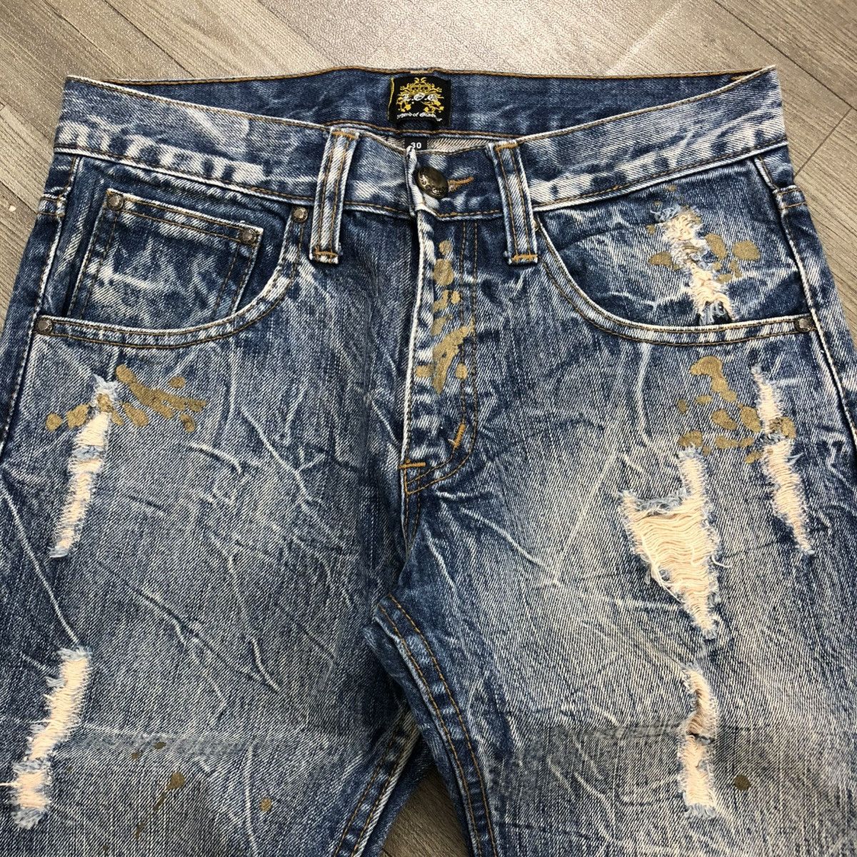 If Six Was Nine × Japanese Brand × Le Grande Bleu (L.G.B.) 2000s Legend Of Glamour Distressed Painted Faded Y2K Jeans Size US 31 - 6 Thumbnail
