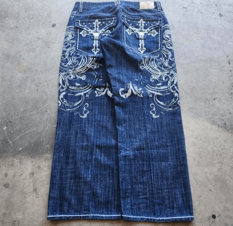 Japanese Brand Y2K American Pattern Geometric Embroidery Baggy Jeans Size US 30 / EU 46 - 1 Thumbnail