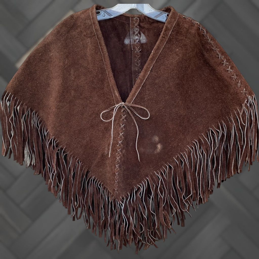 Vintage VINTAGE Western Suede Poncho Fringe Cowgirl Boho Hippie Chic Western Poncho Brown Suede Shirt Womens Mens Adults Boys Girls Size ONE SIZE - 1 Thumbnail
