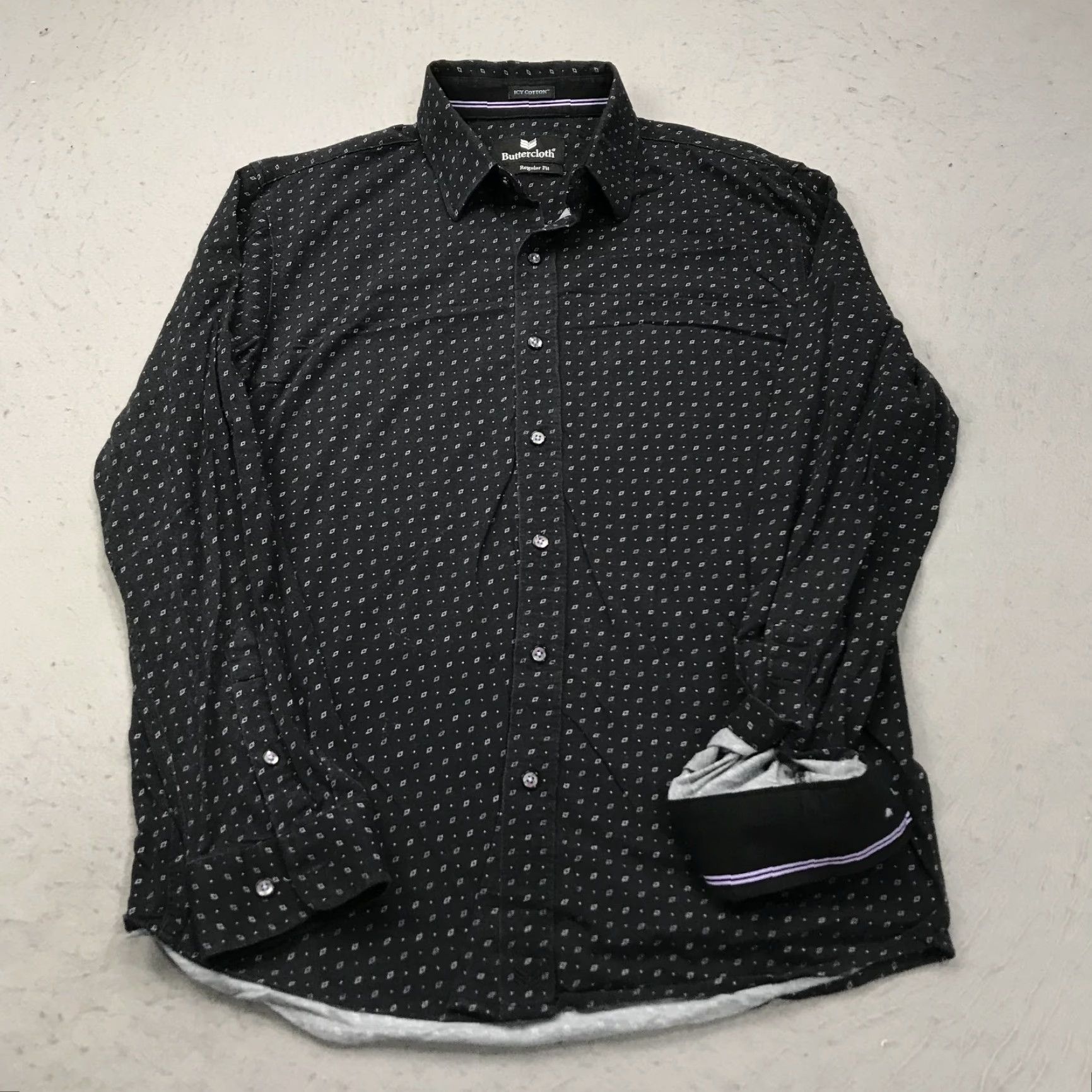 Vintage Buttercloth Mens Shirt Large Black Geometric Classic Designer Button-Up Casual Cotton Icy/Contrast? Size US L / EU 52-54 / 3 - 2 Thumbnail