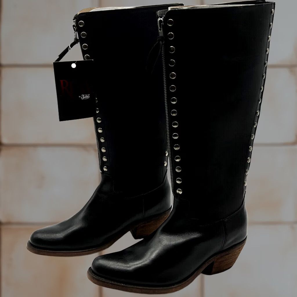 Vintage Reba By Justin Leslie Knee High Western Boots 16 Inches Tall Boots Black Leather B Womens Size 8 Size US 8 / IT 38 - 1 Thumbnail
