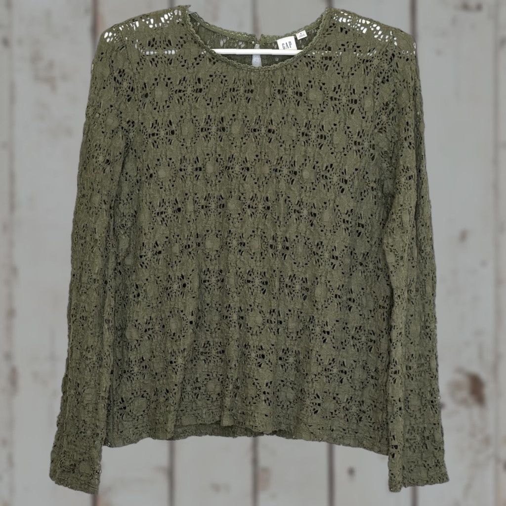 Gap VINTAGE Gap Top Womens S Army Green Pucker Lace Long Sleeve Round Neck Y2K Fairy Size S / US 4 / IT 40 - 1 Thumbnail