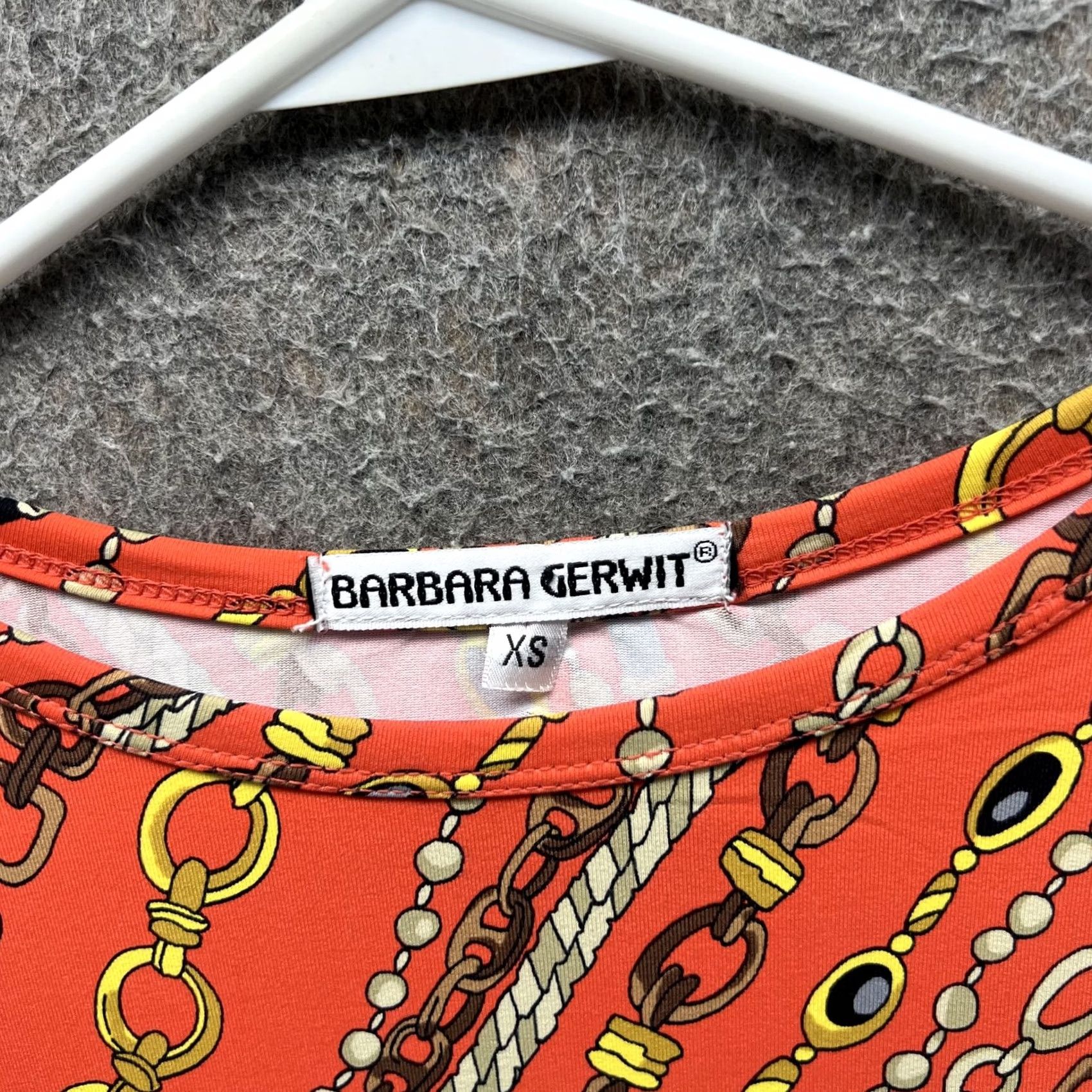 Vintage Barbara Gerwit Blouse Womens XS Orange Chain Print Long Sleeve Stretch Top Size XS / US 0-2 / IT 36-38 - 2 Thumbnail