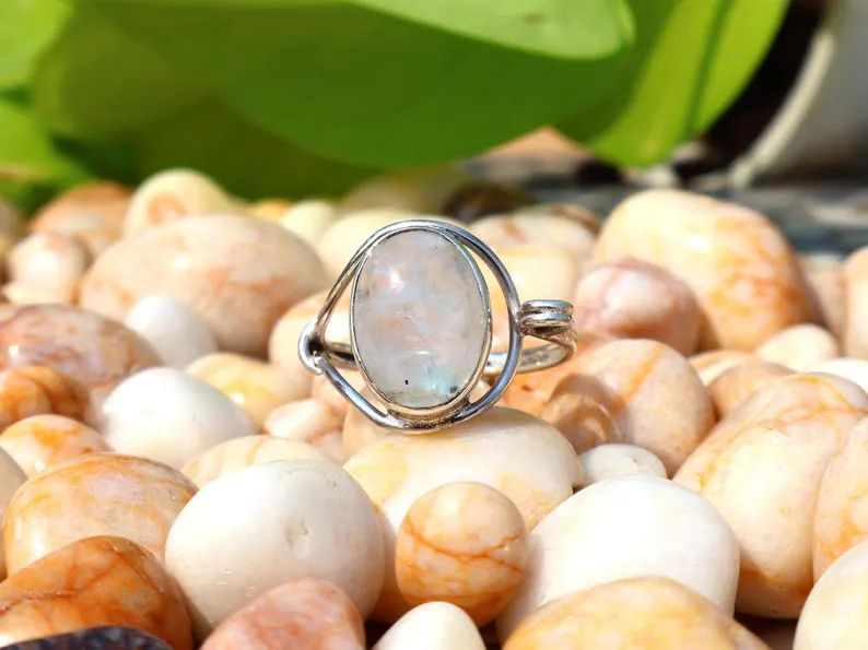 Handmade Rainbow Oval Moonstone Ring, Handmade Sterling Silver Ring Size ONE SIZE - 3 Thumbnail
