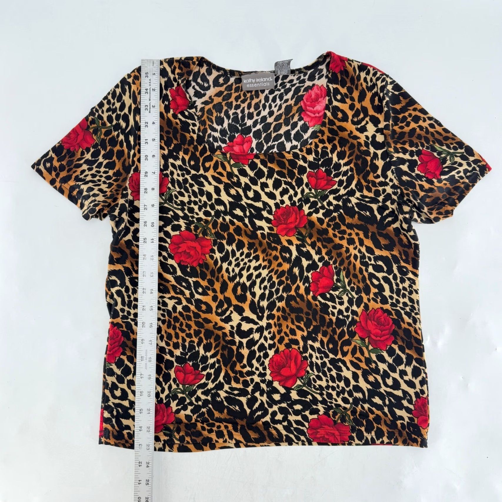 Essentials Kathy Ireland Essentials Womens Blouse Leopard Rose Print Short Sleeve Square Neck, XS? XL - But keep original: XL Size XL / US 12-14 / IT 48-50 - 5 Thumbnail