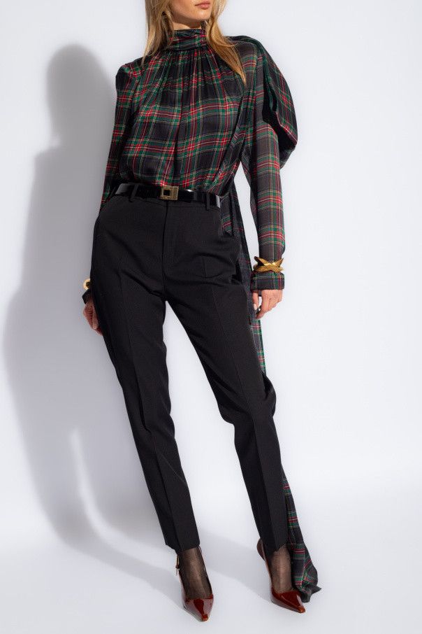 Saint Laurent Paris o1s1wg111024 Lavallière-Neck Blouse Plaid Silk Charmeuse Size XS / US 0-2 / IT 36-38 - 2 Thumbnail