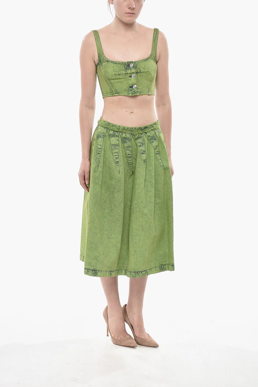 Marni og1mm0326 Flared Midi Denim Skirt in Green Size 30" / US 8 / IT 44 - 4 Thumbnail