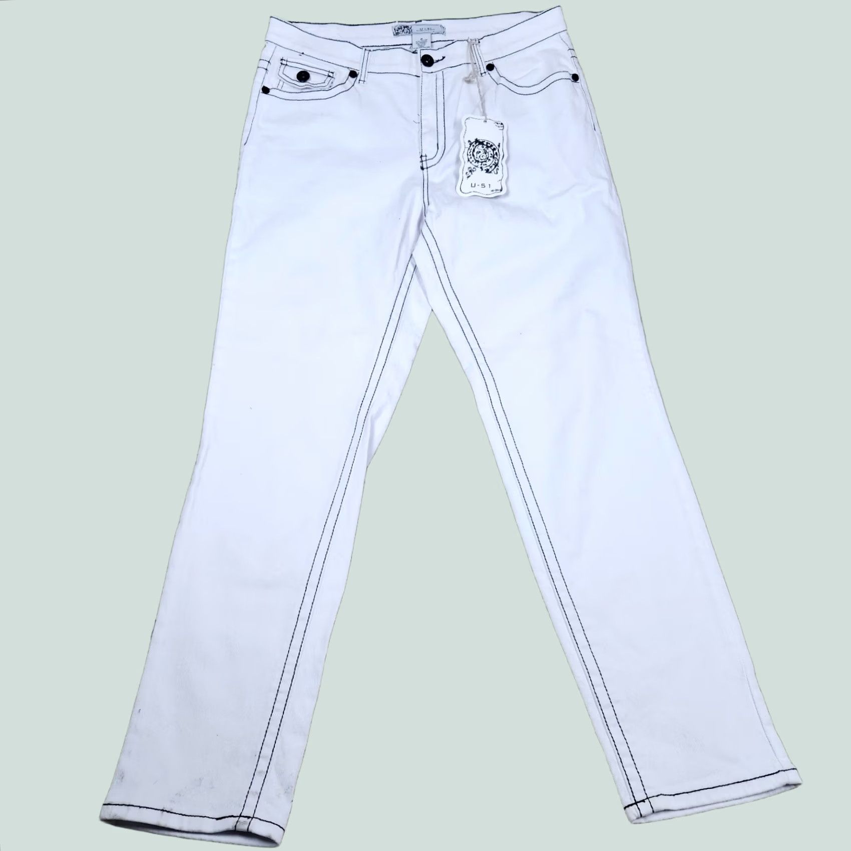 Denime U-51 Denim Jeans White Deluxe Size 16 Thick Stitch Black Belt Loops Zip Accents Button Logo Regular Fit Womens Size 38" / US 16 / IT 52 - 1 Thumbnail