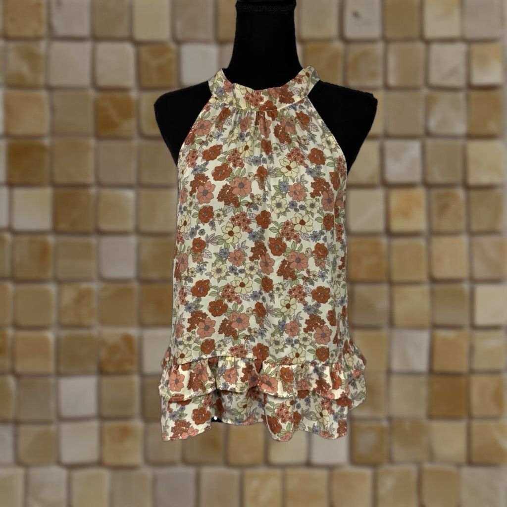 Vintage Monteau Blouse Women's XL Beige Floral Dusty Rose Halter Sleeveless Top NWT Size XL / US 12-14 / IT 48-50 - 1 Thumbnail