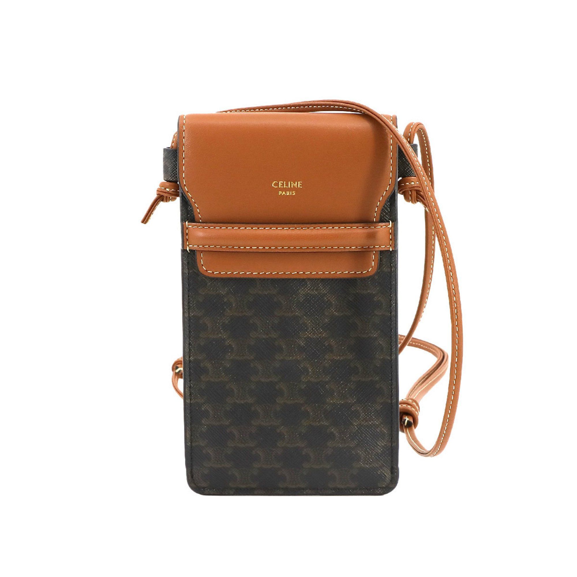 image of Celine Triomphe Phone Pouch Shoulder Bag Leather Tan Brown 10G332, Women's
