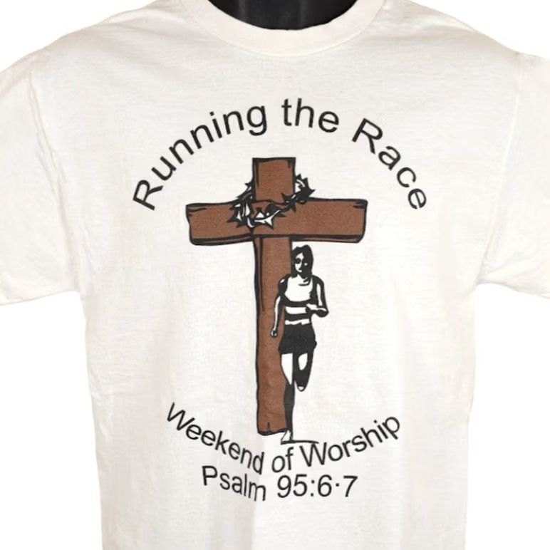Fruit Of The Loom VINTAGE Christian T Shirt Mens Size Medium White Bible Verse Jesus Tee Running Shirt Size US M / EU 48-50 / 2 - 2 Thumbnail