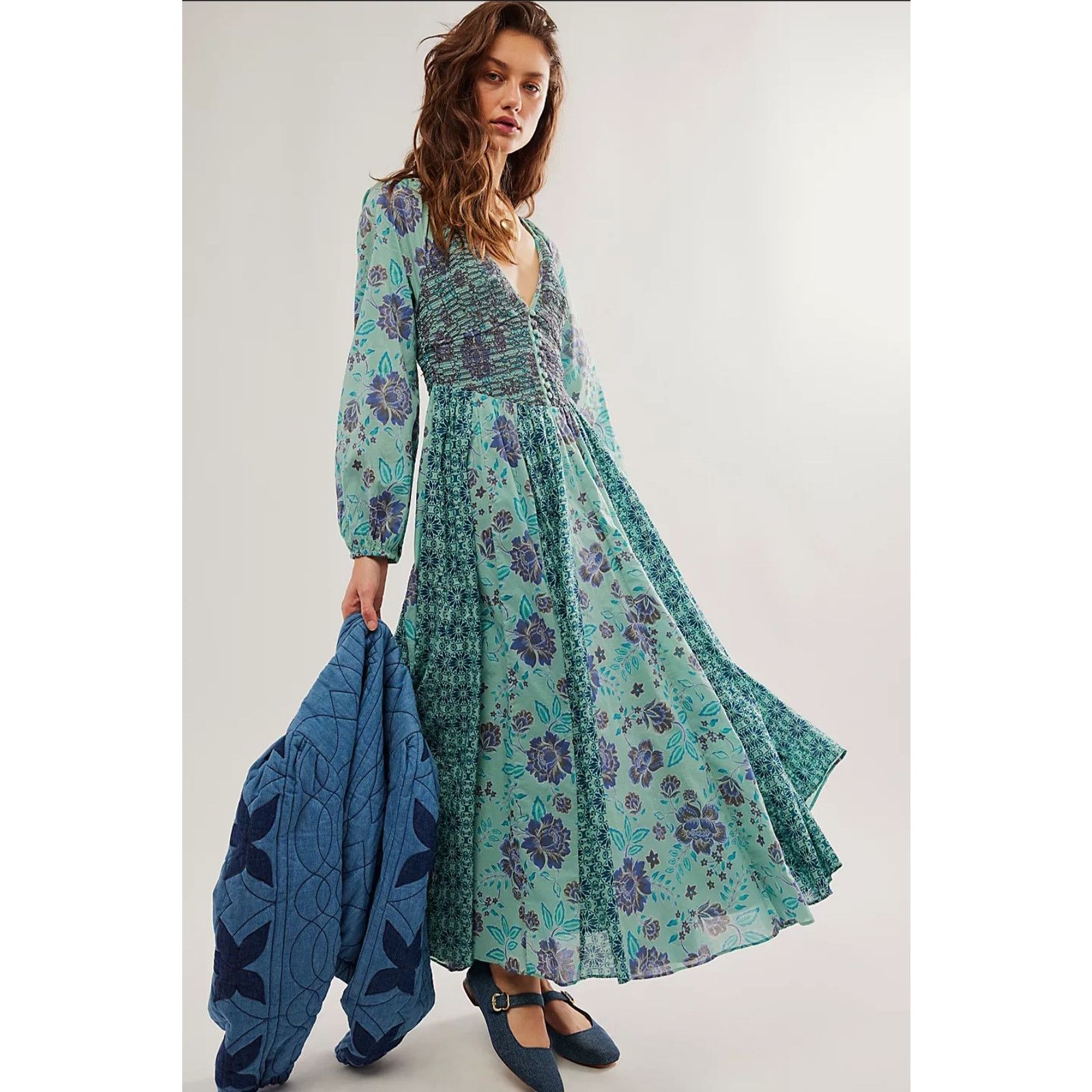 knee length dresses for ladies Magee Floral Cabana Flowy Maxi Dress WHT-BLUE-MULTI / S by Sugarlips main image 1